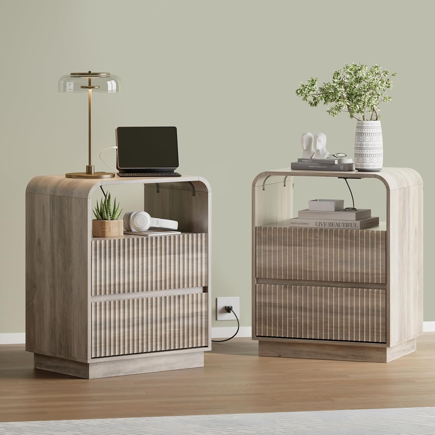 FANRAL Modern 3 Drawer LED Nightstand,Diamond Embossed en Dresser with Base LED Lighting for Bedroom, Night Stand