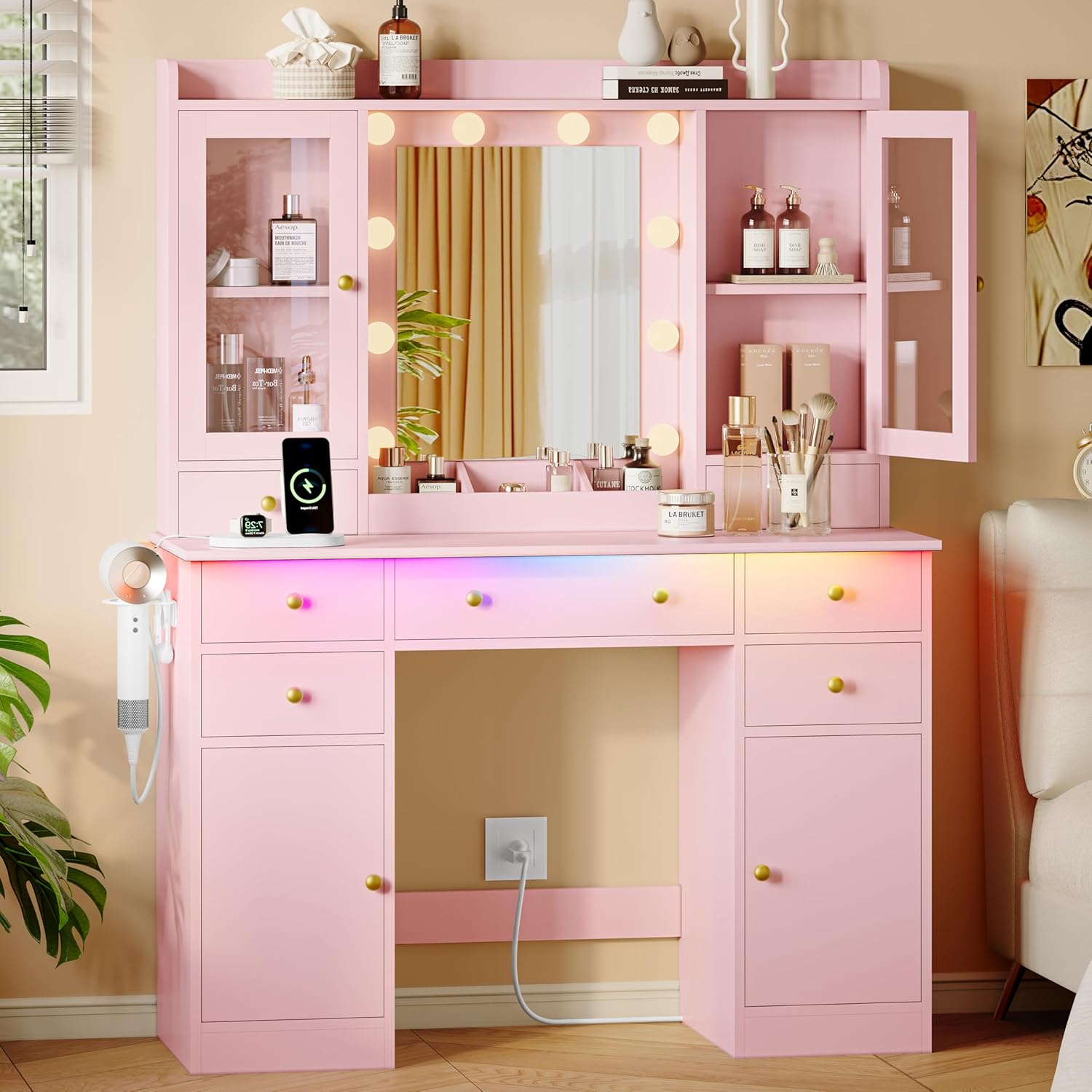 FANRAL 43.7" Vanity Desk with 10 Mirror Lights & Under-Table RGB,Charging Station & Hair Dryer Holder,Multi-Storage Dressing Table for Bedroom Bathroom, Vanity