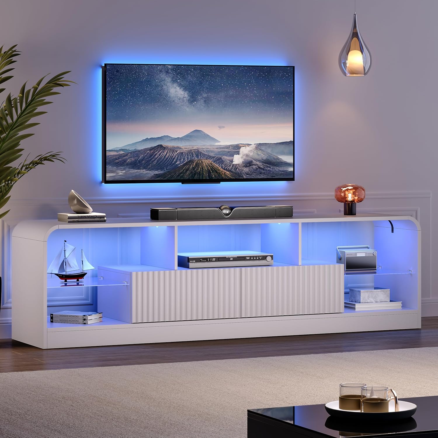 FANRAL Curved TV Stand with LED Lights,Modern Entertainment Center for 70 Inch TV,Media Console with Drawers and Glass Shelves for Living Room, TV Stand