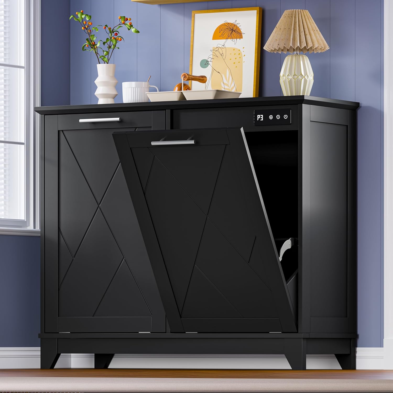 FANRAL Tilt Out Trash Can Cabinet for 2 Bins,Hidden Recycle Garbage Enclosure with Negative Ion & Ozone Odor Control,en Double Storage Cabinet for Kitchen Bathroom Laundry Room