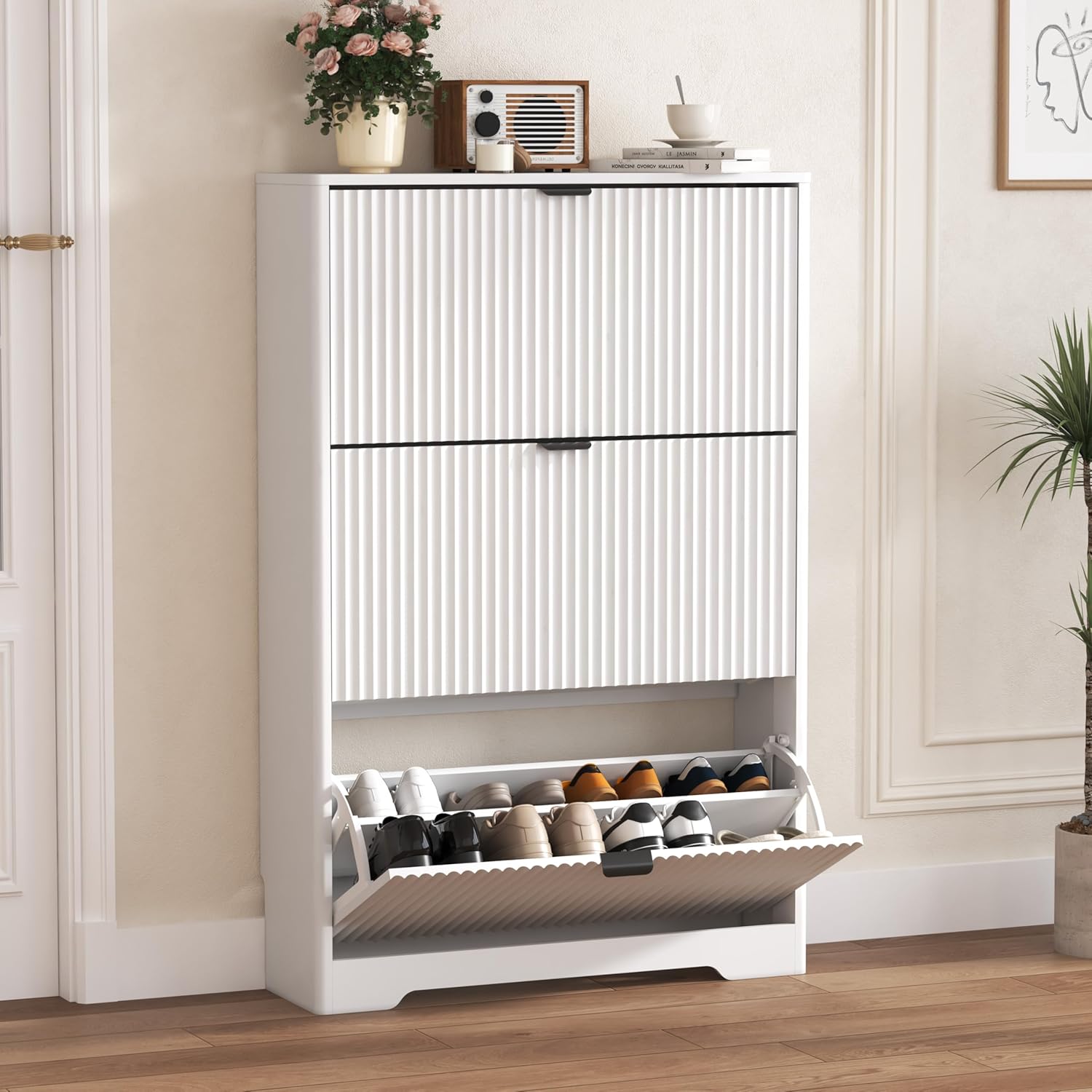 FANRAL Shoe Cabinet with 2 Flip Drawers & Open Storage,Fluted Shoe Storage Cabinet Rack Organizer with Adjustable Shelves for Entryway,Closet,Hallway,