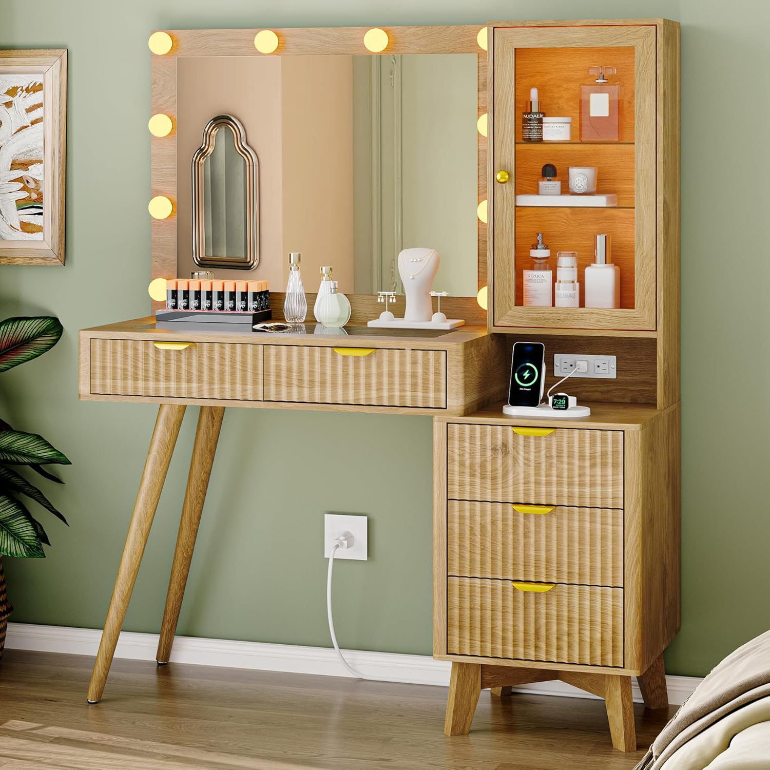 FANRAL LED Lighted Mirror Vanity Desk with Fluted Design,Charging Station & Glass Top,Modern Dressing Table with Storage Drawers & Shelves for Bedroom, Vanity