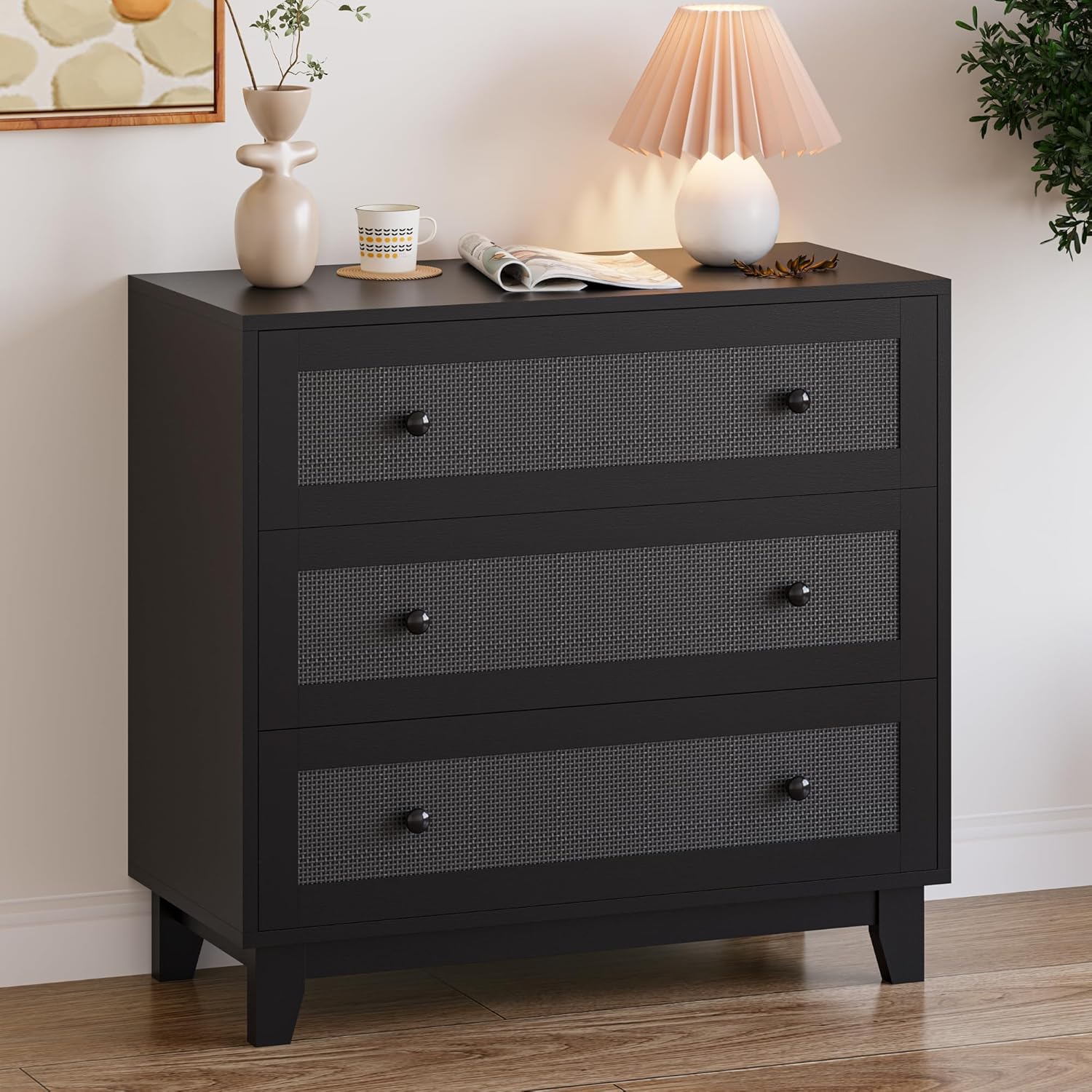 FANRAL 3 Drawers Dresser for Bedroom,Boho Small Natural Rattan Closet Dresser Chest of Drawers,Modern Clothes Storage Organizer with en Feet and Handles for Hallway,Living Room,Entryway
