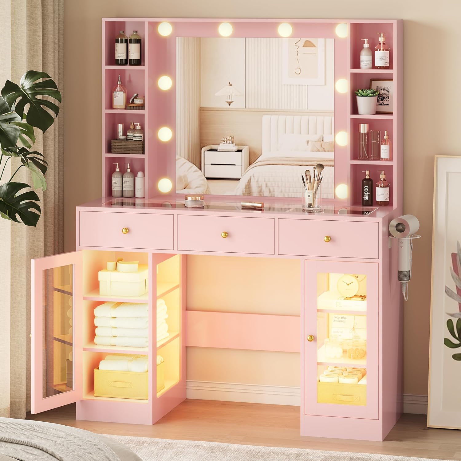 FANRAL Makeup Vanity Desk with Mirror and Lights,Glass Top Vanity Table with RGB Cabinets,Large Dressing Table for Women Bedroom