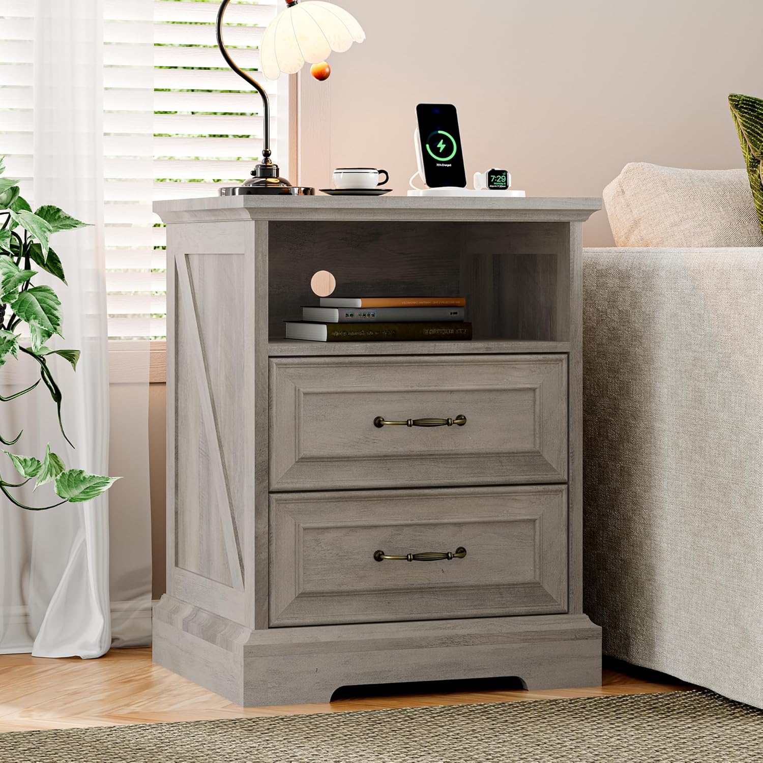 FANRAL Nightstand with Charging Station for Bedroom,Farmhouse End Side Table with 2 Drawers for Living Room, Nightstand