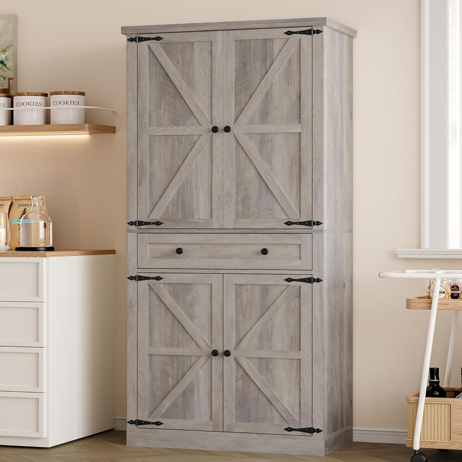FANRAL 70¡± Tall Pantry Organizers and Storage Cabinet with Barn Doors & Drawers,Adjustable Shelf,Tall Pantry for Kitchen Dining Room Living Room Bedroom, Pantry Cabinet