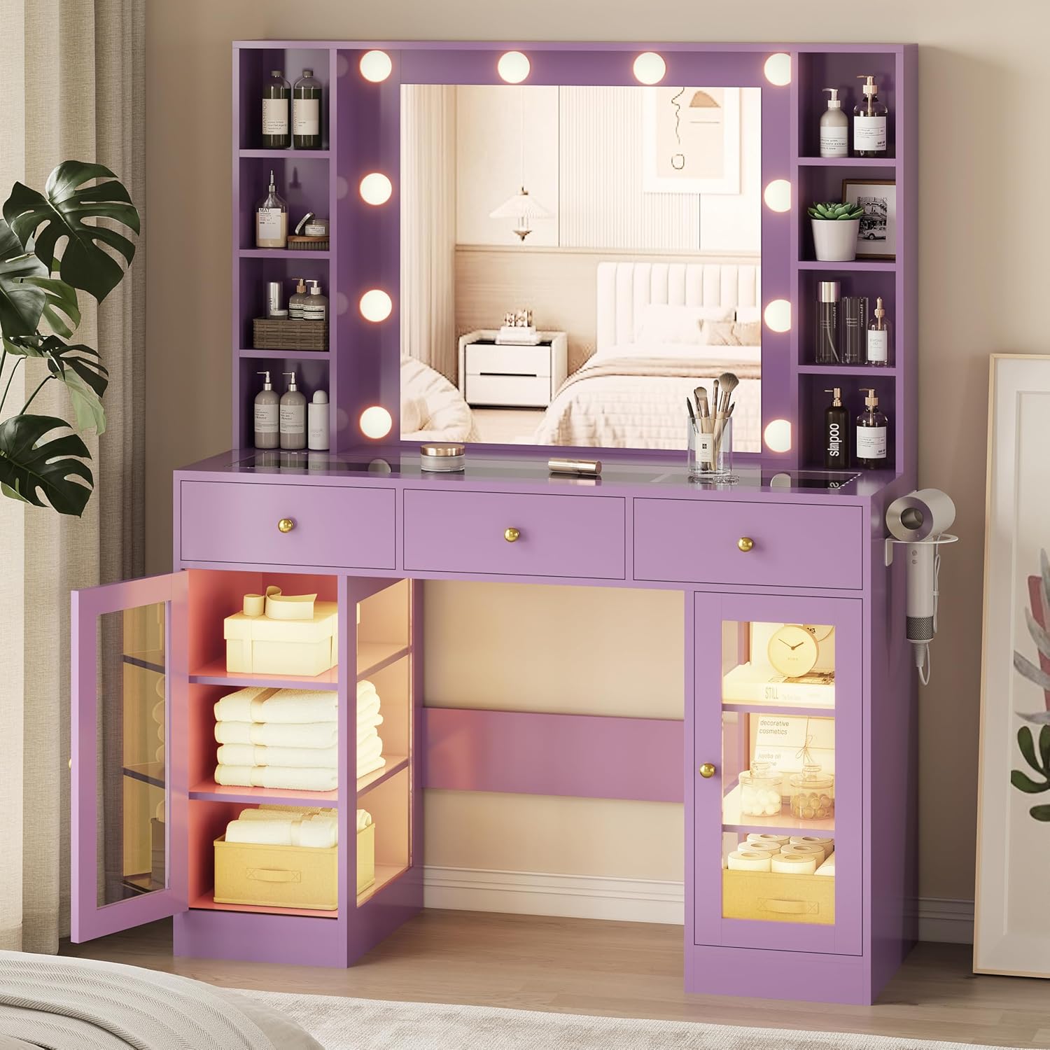 FANRAL Makeup Vanity Desk with Mirror and Lights,Glass Top Vanity Table with RGB Cabinets,Large Dressing Table for Women Bedroom