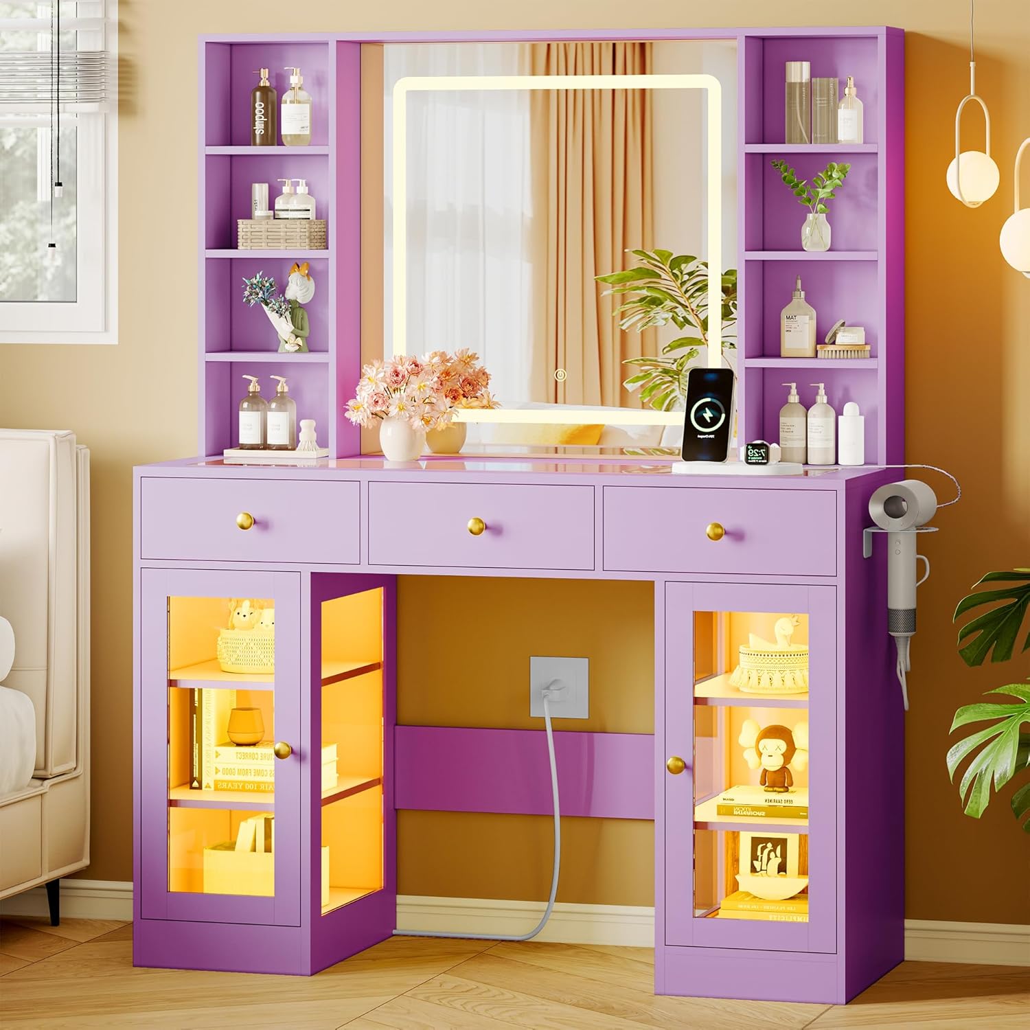 FANRAL Makeup Vanity with Mirror and Lights,Glass Top Vanity Desk with RGB Cabinets,43.5" Large Dressing Table for Women Bedroom, Vanity