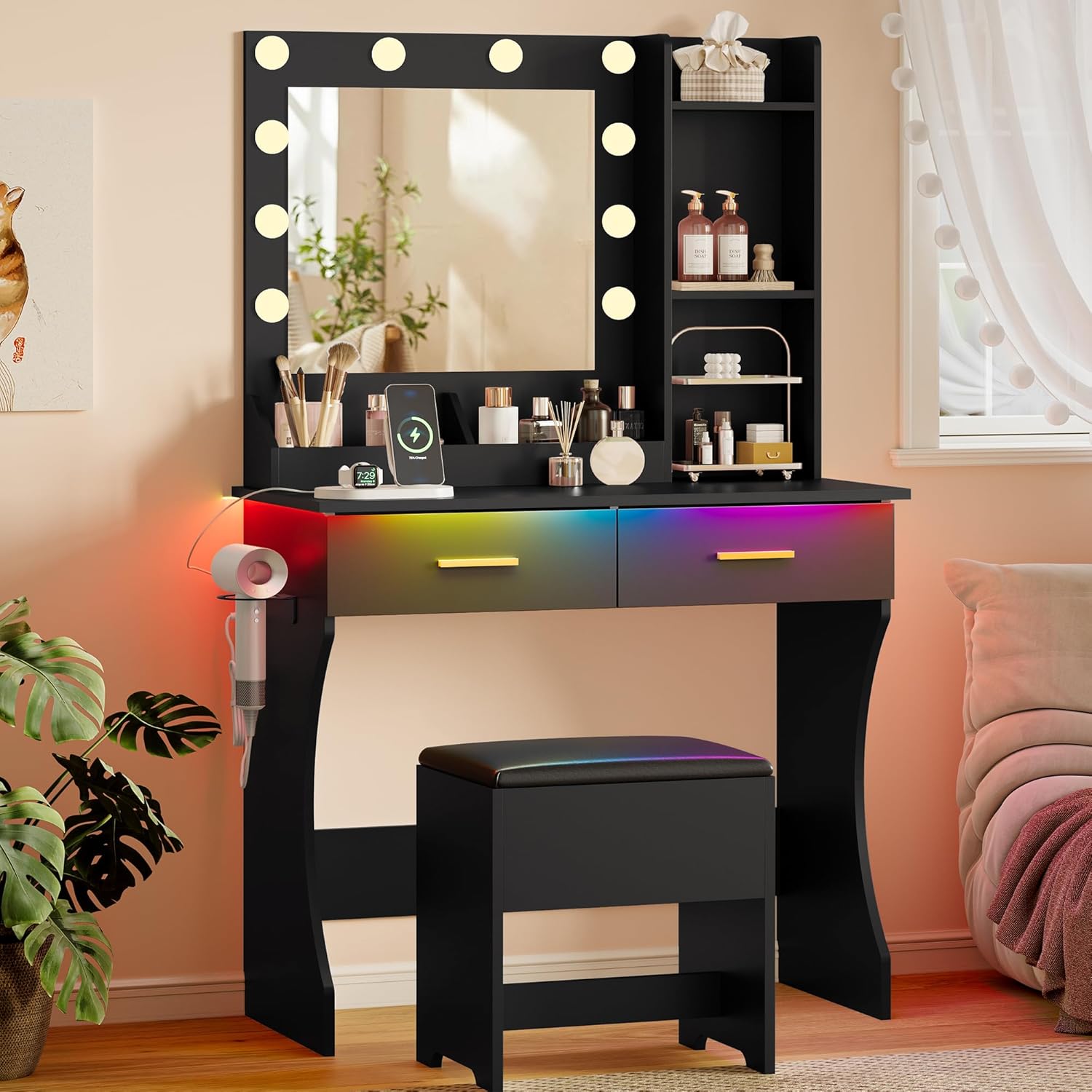 FANRAL Vanity Desk with Mirror and LED Lights,Small Makeup Vanity Table with Drawers & Chair & Power Outlet & Hair Dryer Rack,Dressing Table for Bedroom