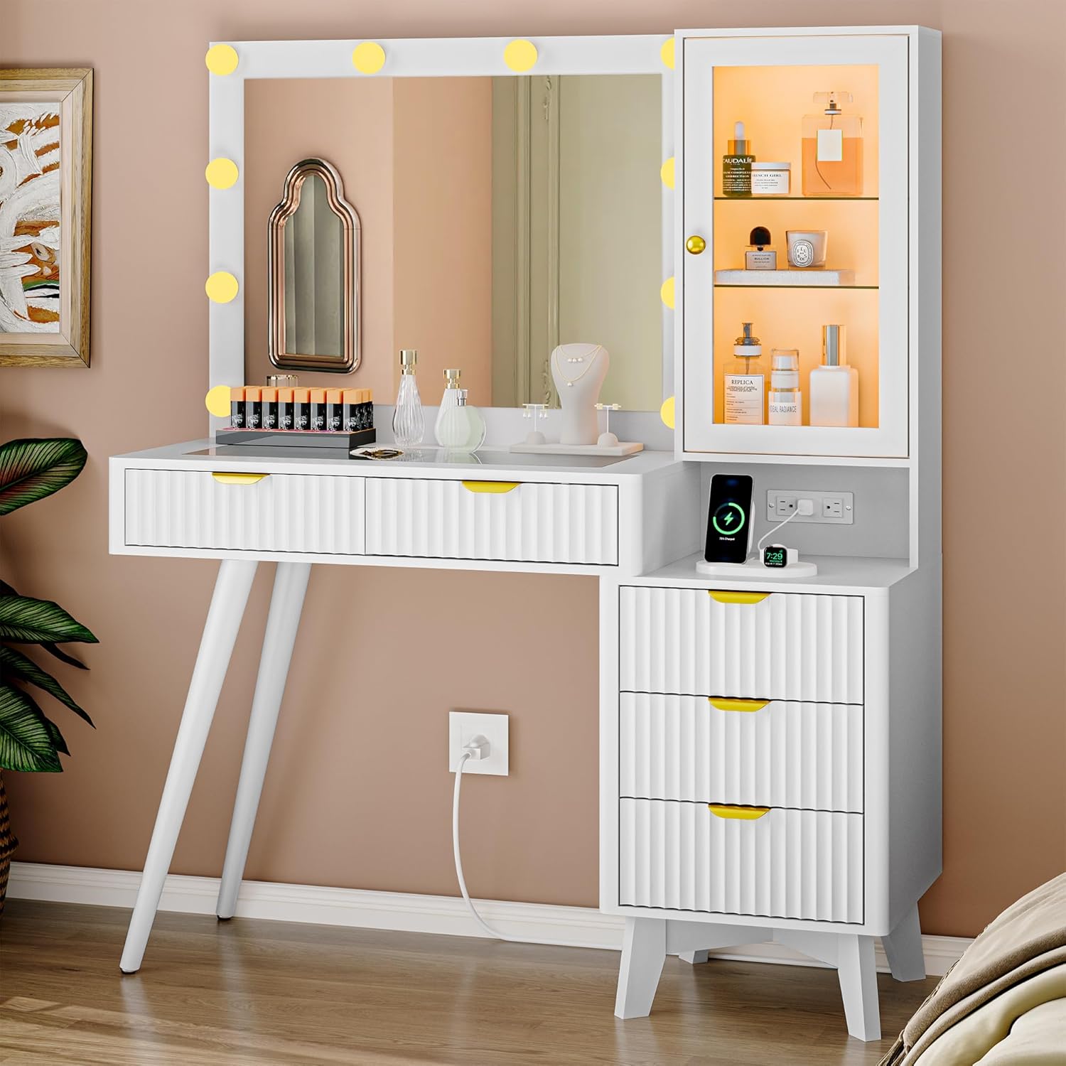 FANRAL LED Lighted Mirror Vanity Desk with Fluted Design,Charging Station & Glass Top,Modern Dressing Table with Storage Drawers & Shelves for Bedroom, Vanity