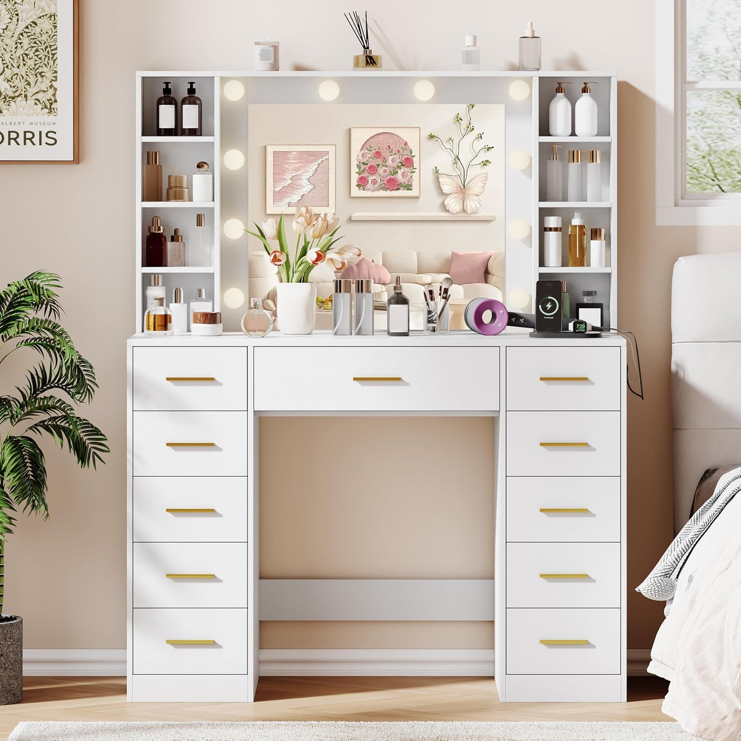 FANRAL Large Vanity Desk with LED Lighted Mirror & RGB Glass Cabinets,Built-in Charging Station & 7 Drawers,Modern Dressing Table for Bedroom Beauty Spaces, Vanity