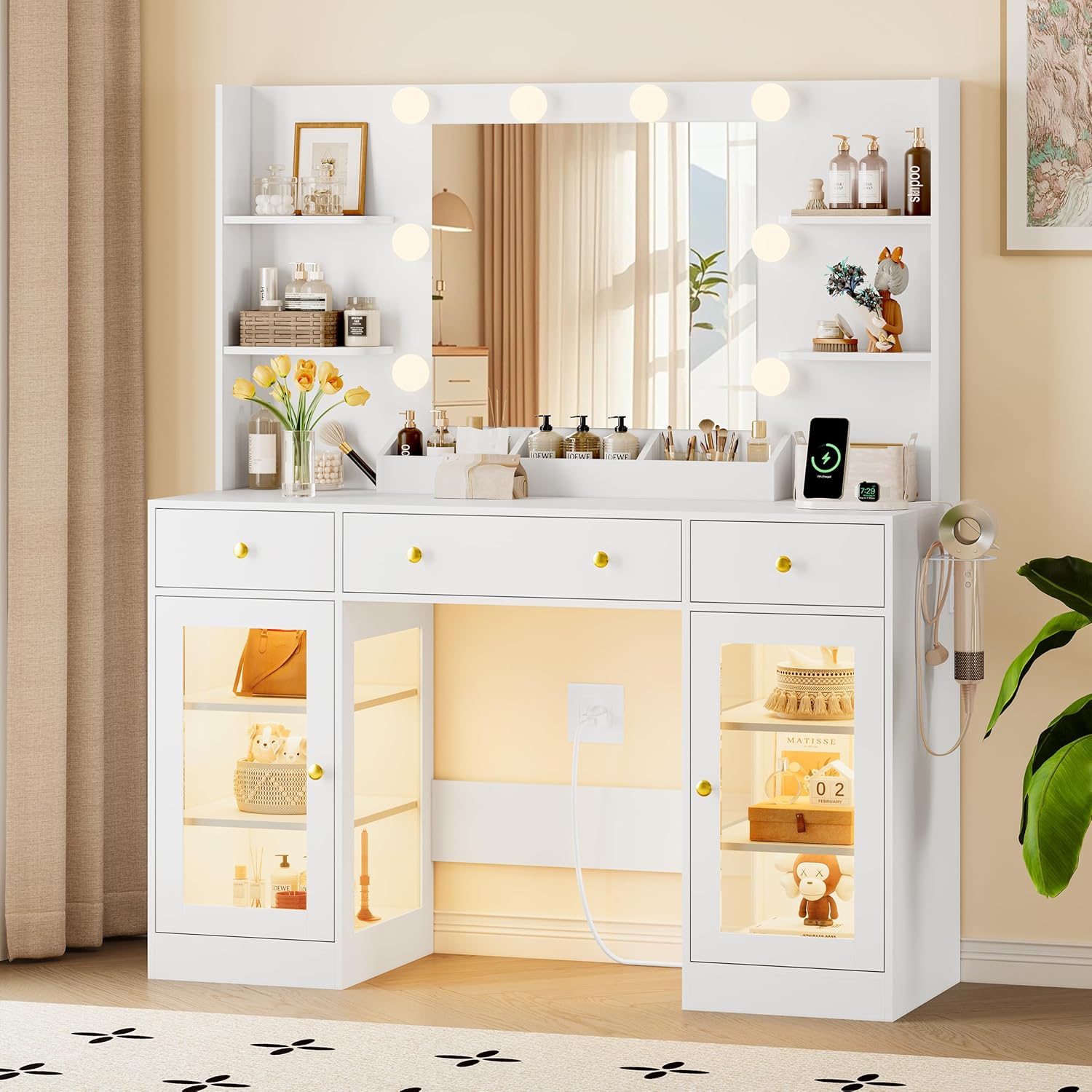 FANRAL 47" Large Makeup Vanity Desk with Mirror and Lights,Vanity Table with Power Outlet & RGB Glass Cabinet, Vanity