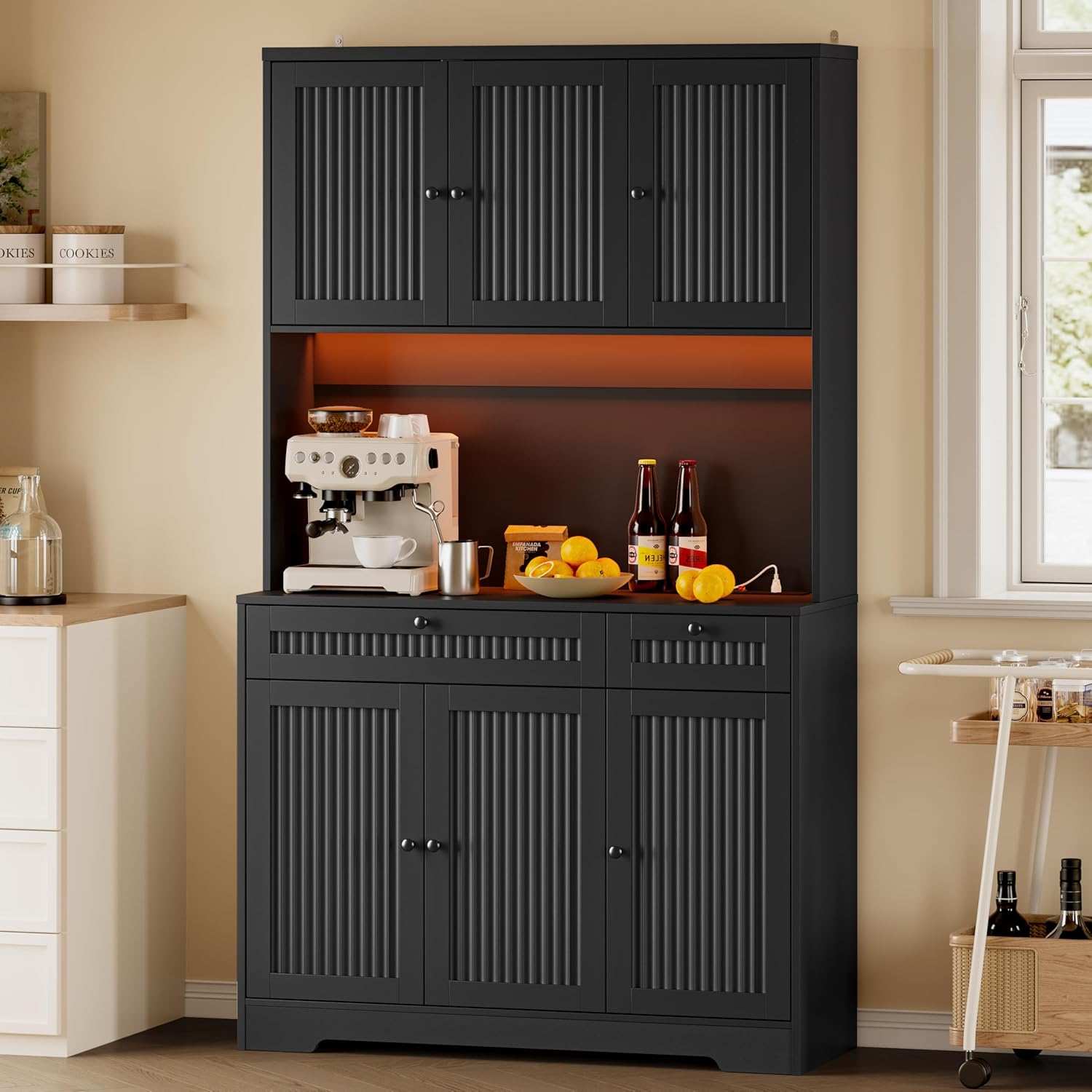 FANRAL 70¡± Tall Pantry Organizers and Storage Cabinet with Barn Doors & Drawers,Adjustable Shelf,Tall Pantry for Kitchen Dining Room Living Room Bedroom, Pantry Cabinet
