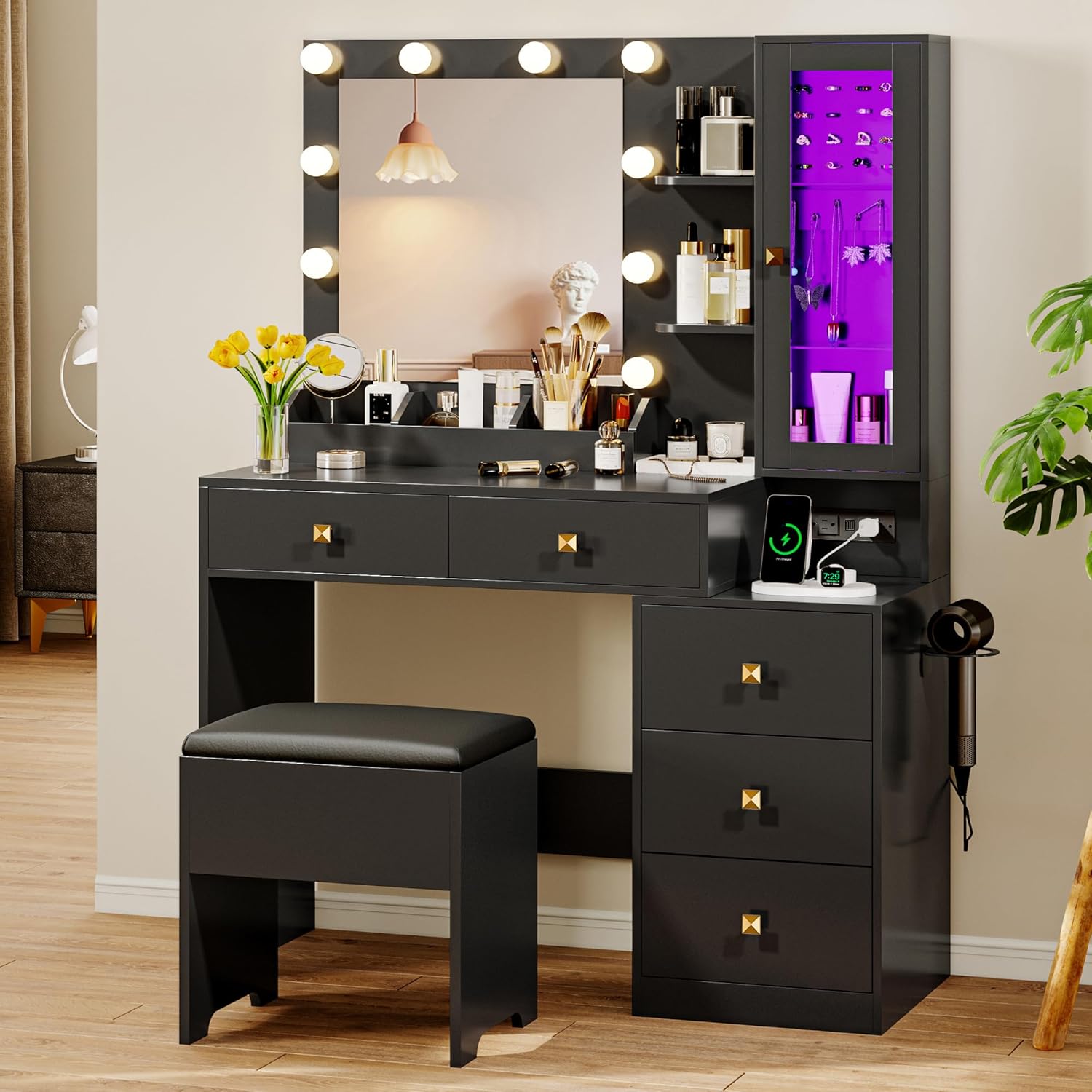 FANRAL Vanity Desk with Mirror and Lights,Makeup Vanity with 5 Drawer & LED Glass Cabinet,3 Light Mode and Brightness Adjusted,Vanities Mirror with Light Desk and Chair, Vanity