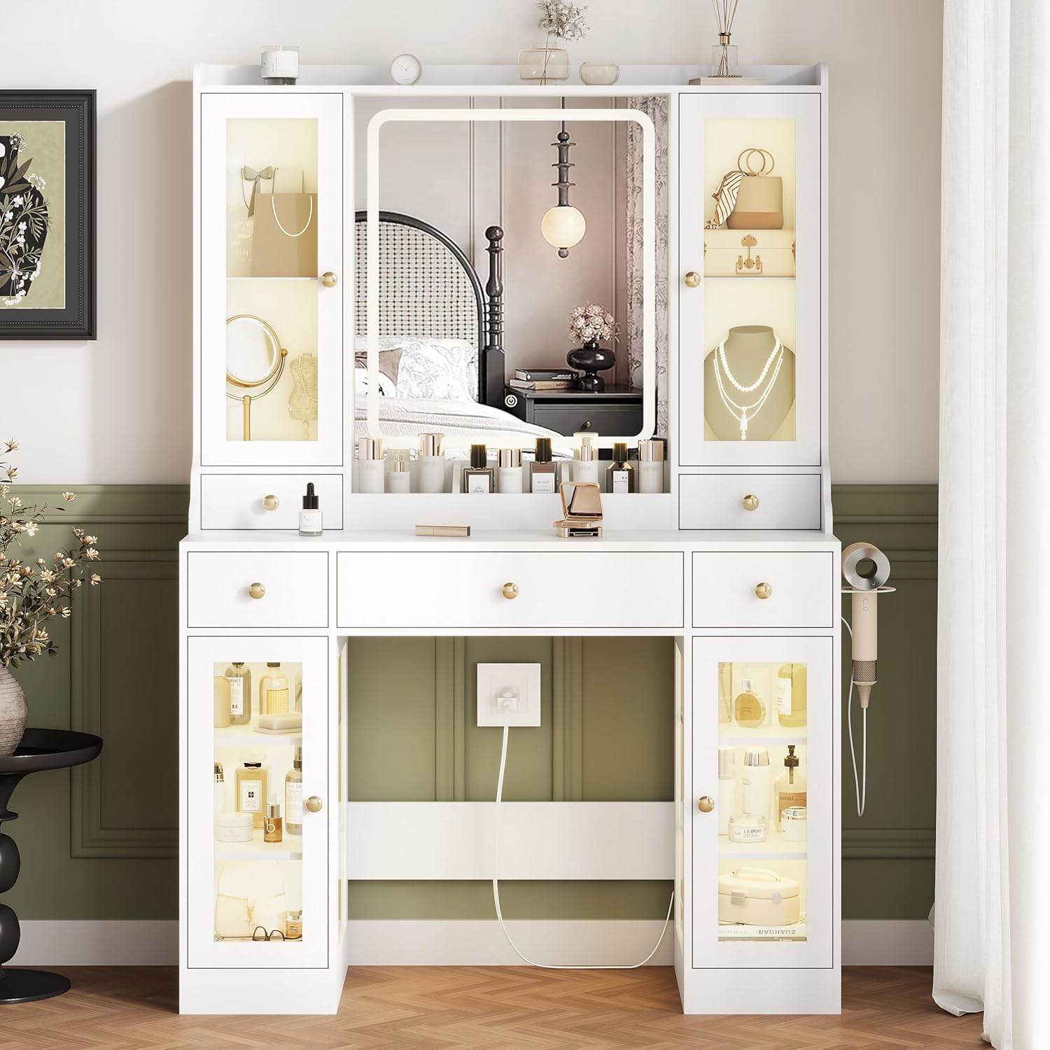FANRAL 47" Large Makeup Vanity Desk with Mirror and Lights,Vanity Table with Power Outlet & RGB Glass Cabinet, Vanity