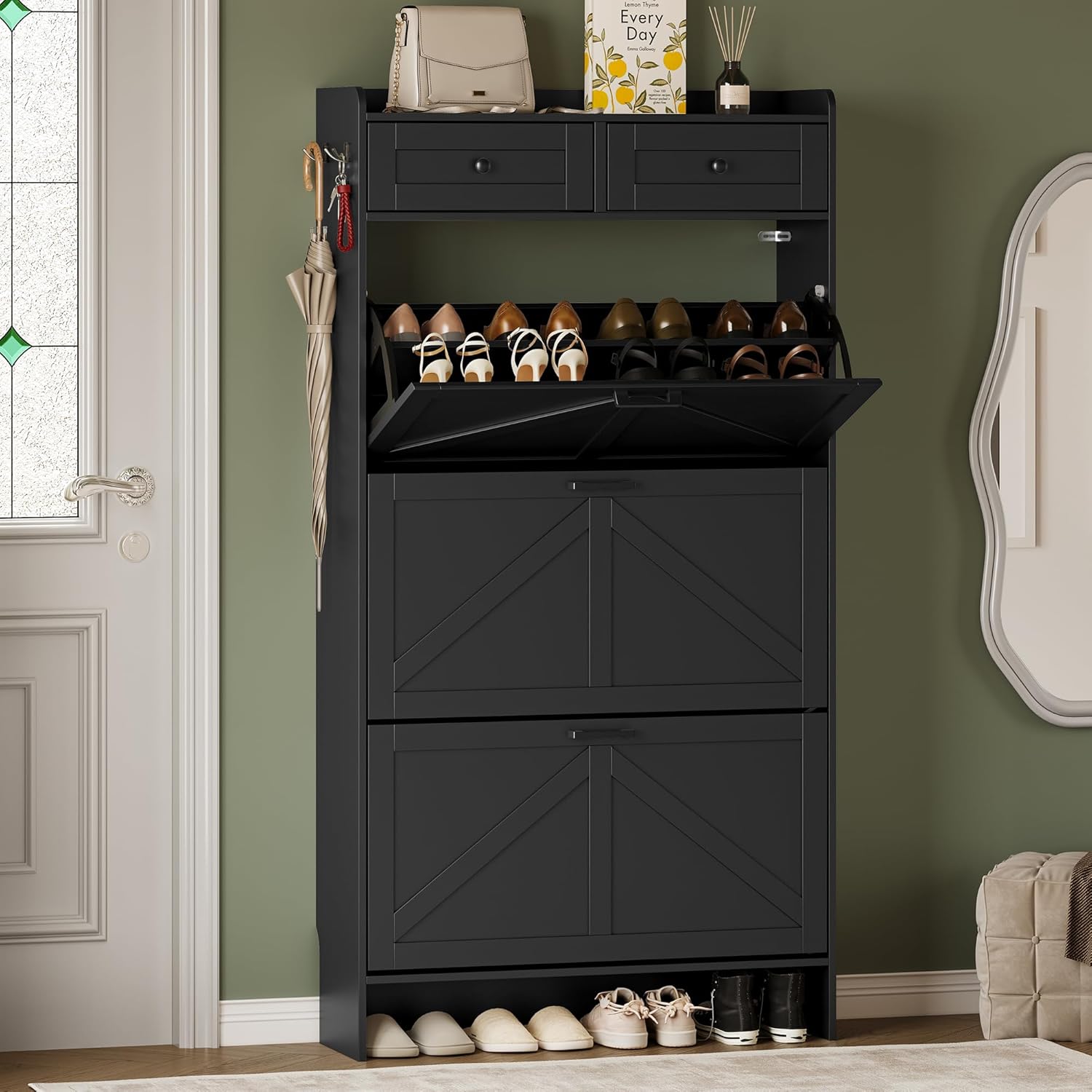FANRAL Shoe Cabinet with 2 Flip Drawer & 2 Storage Drawer,Farmhouse Narrow Shoe Rack with Adjustable Shelve & Hook for Entryway,Hallway,
