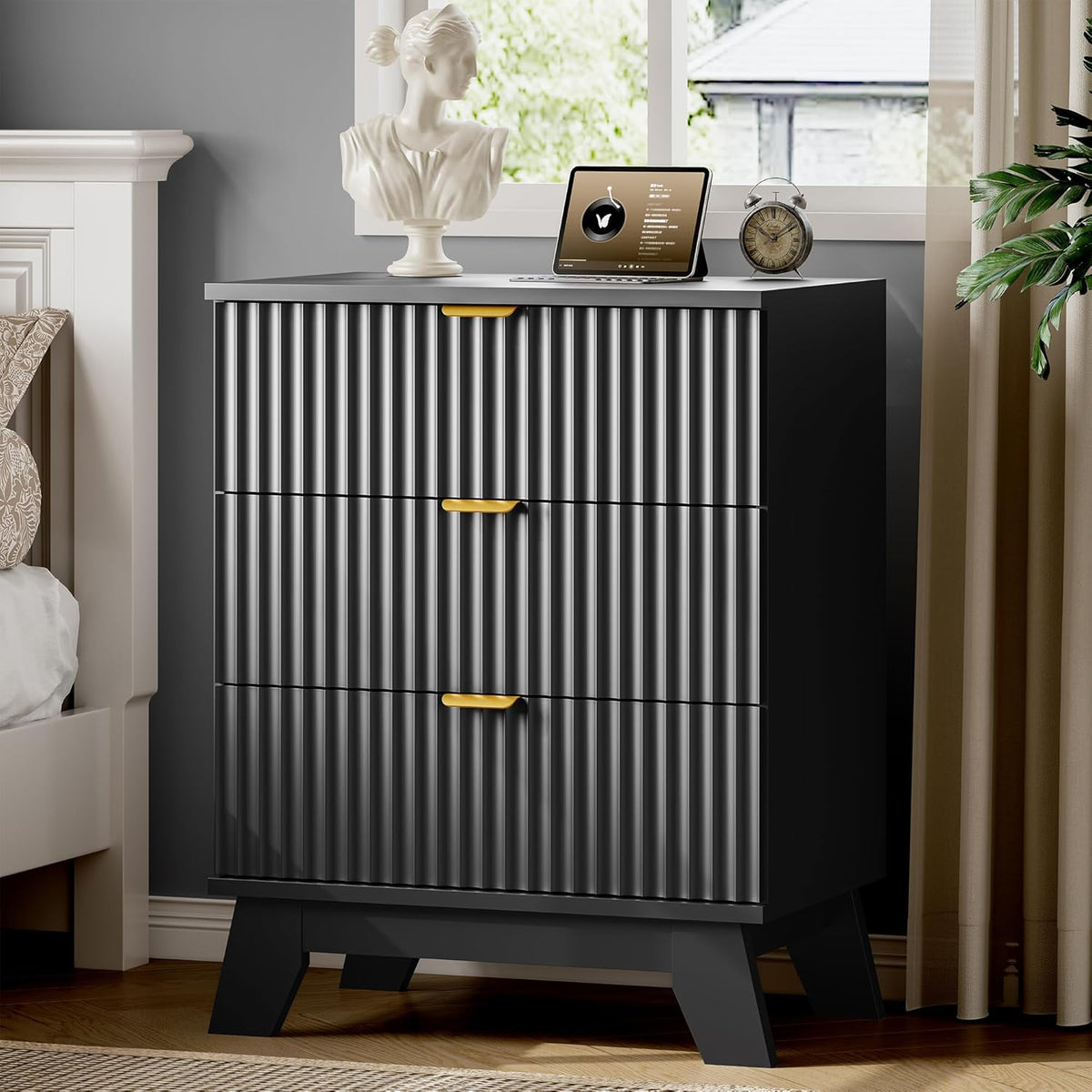 FANRAL 3 Large Drawer Nightstand,30" Tall Night Stand,24" Wide Side Table, Fluted Bedside Table Modern End Table Small Dresser for Bedroom, Nightstand
