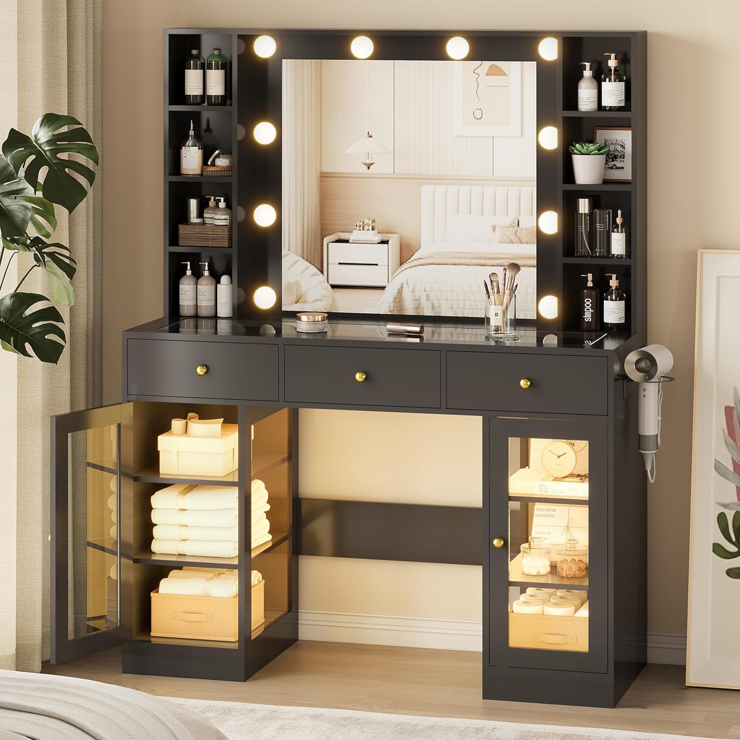 FANRAL Makeup Vanity with Mirror and Lights,Glass Top Vanity Desk with RGB Cabinets,43.5" Large Dressing Table for Women Bedroom, Vanity