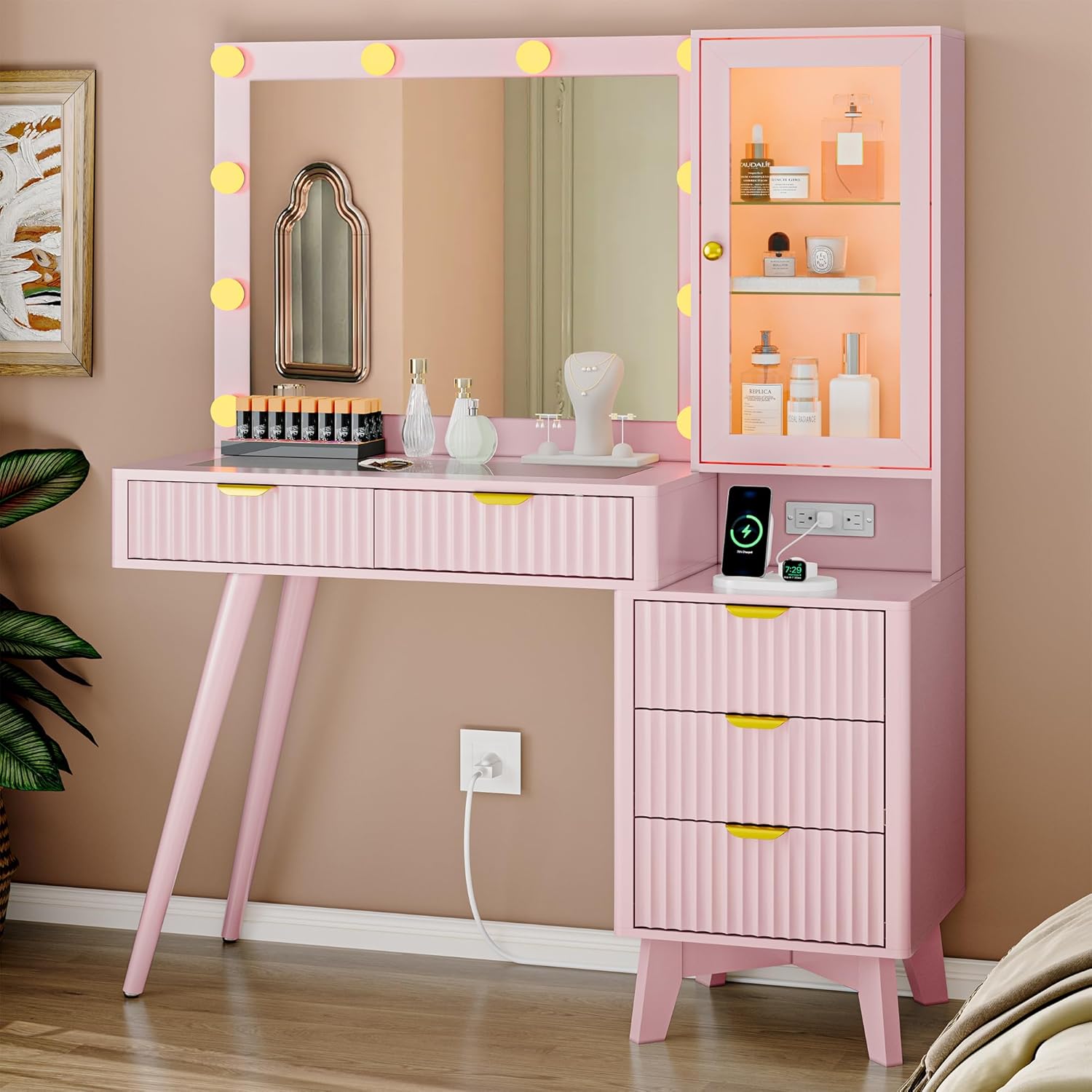 FANRAL LED Lighted Mirror Vanity Desk with Fluted Design,Charging Station & Glass Top,Modern Dressing Table with Storage Drawers & Shelves for Bedroom, Vanity