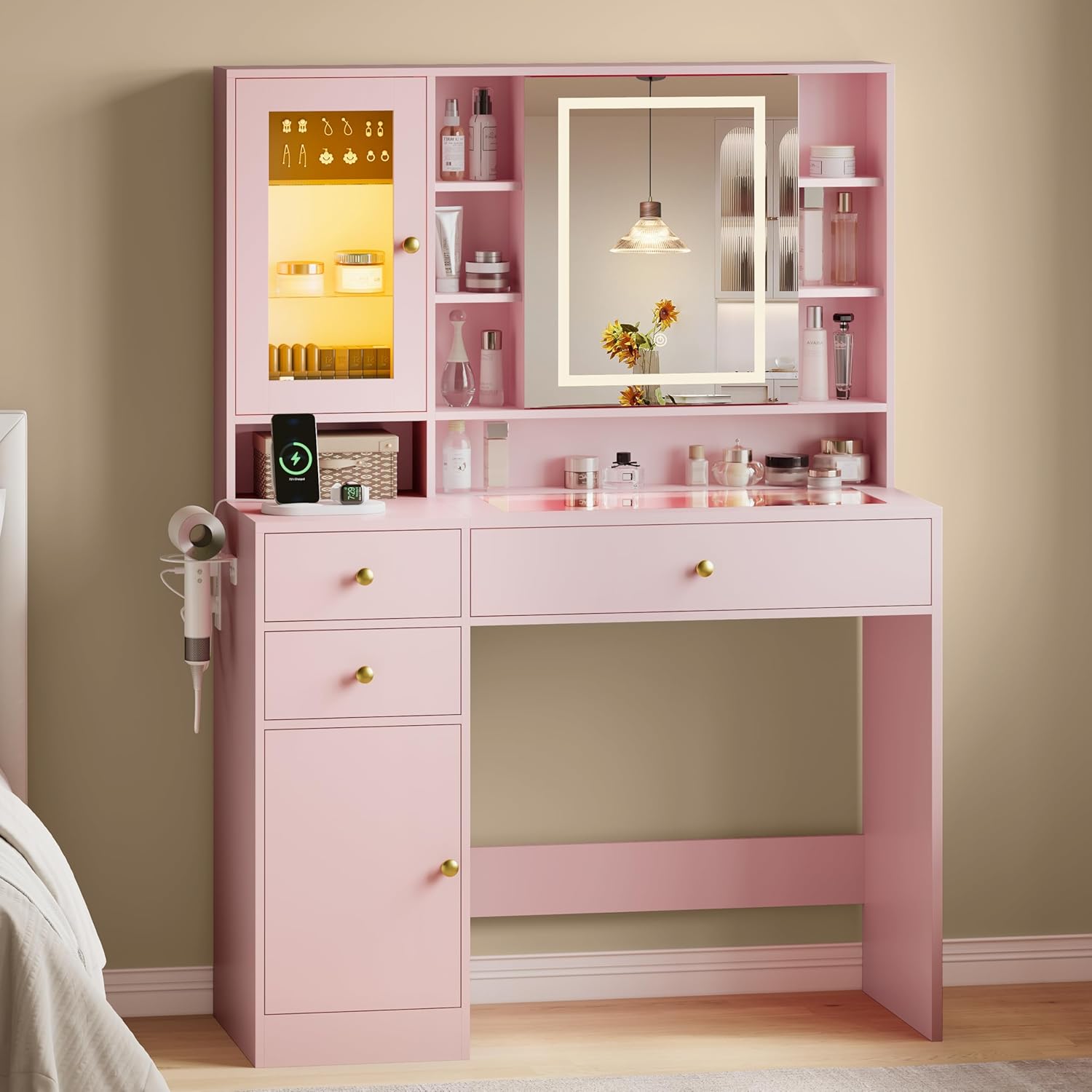 Fanral Makeup Vanity Desk With Mirror And Lights,Glass Top Bedroom Vanity With Jewelry Organizer Cabinet & Charging Station & Hidden Compartment, Vanity