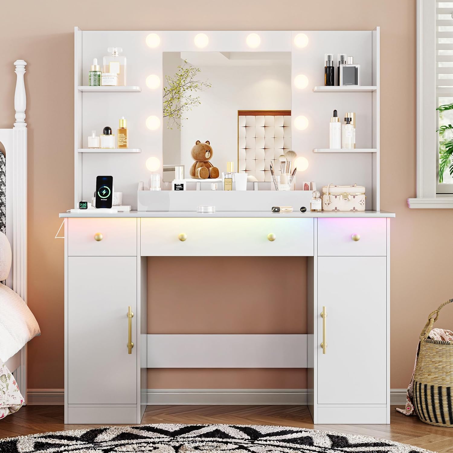 FANRAL 43'' Vanity Desk with 10 Lights & Under-Table RGB Strip,Built-in Power Outlets,Cushioned Stool & Large Storage,Dressing Table for Bedroom Bathroom Grooming, Vanity