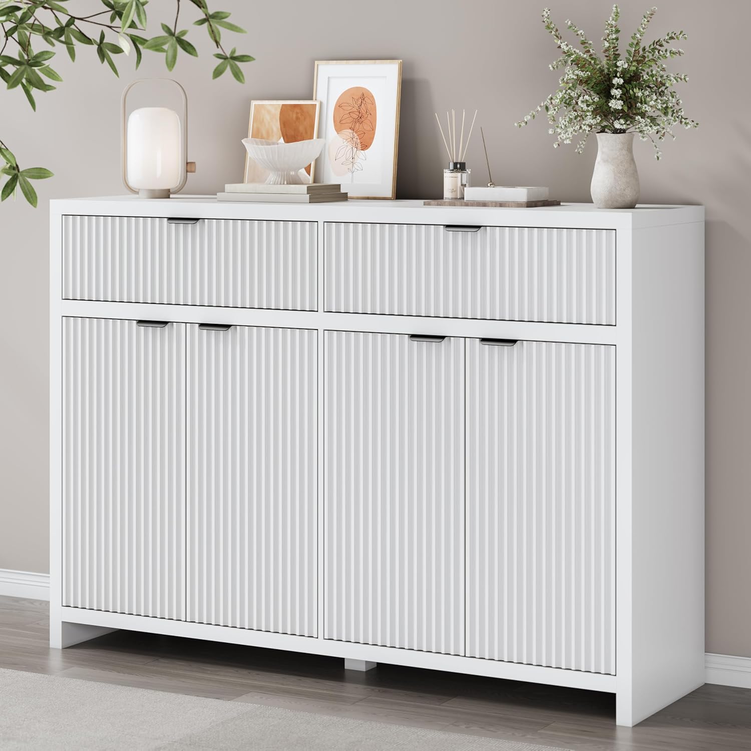 FANRAL 55" Wide Sideboard Buffet Cabinet with 2 Drawers & 4 Doors,Fluted Design with Adjustable Shelves for Living Room Kitchen Dining Room, Storage Cabinet