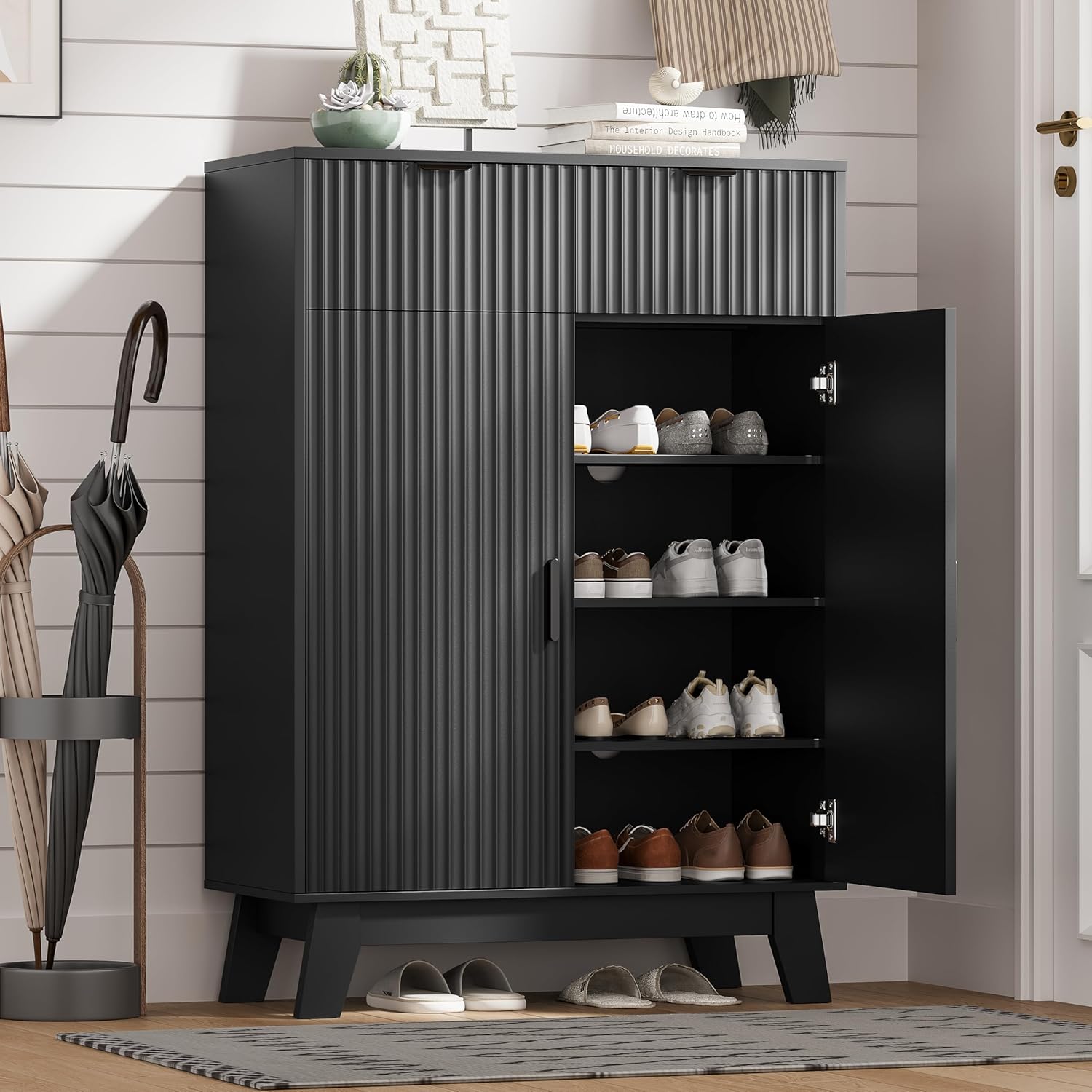 FANRAL Shoe Cabinet with 2 Flip Drawers & Open Storage,Fluted Shoe Storage Cabinet Rack Organizer with Adjustable Shelves for Entryway,Closet,Hallway,