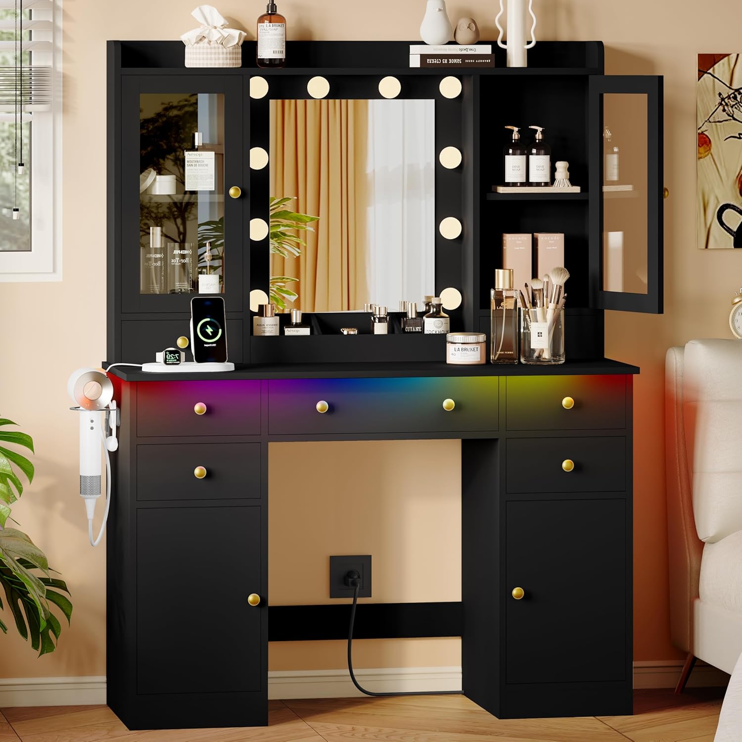 FANRAL 43.7" Vanity Desk with 10 Mirror Lights & Under-Table RGB,Charging Station & Hair Dryer Holder,Multi-Storage Dressing Table for Bedroom Bathroom, Vanity