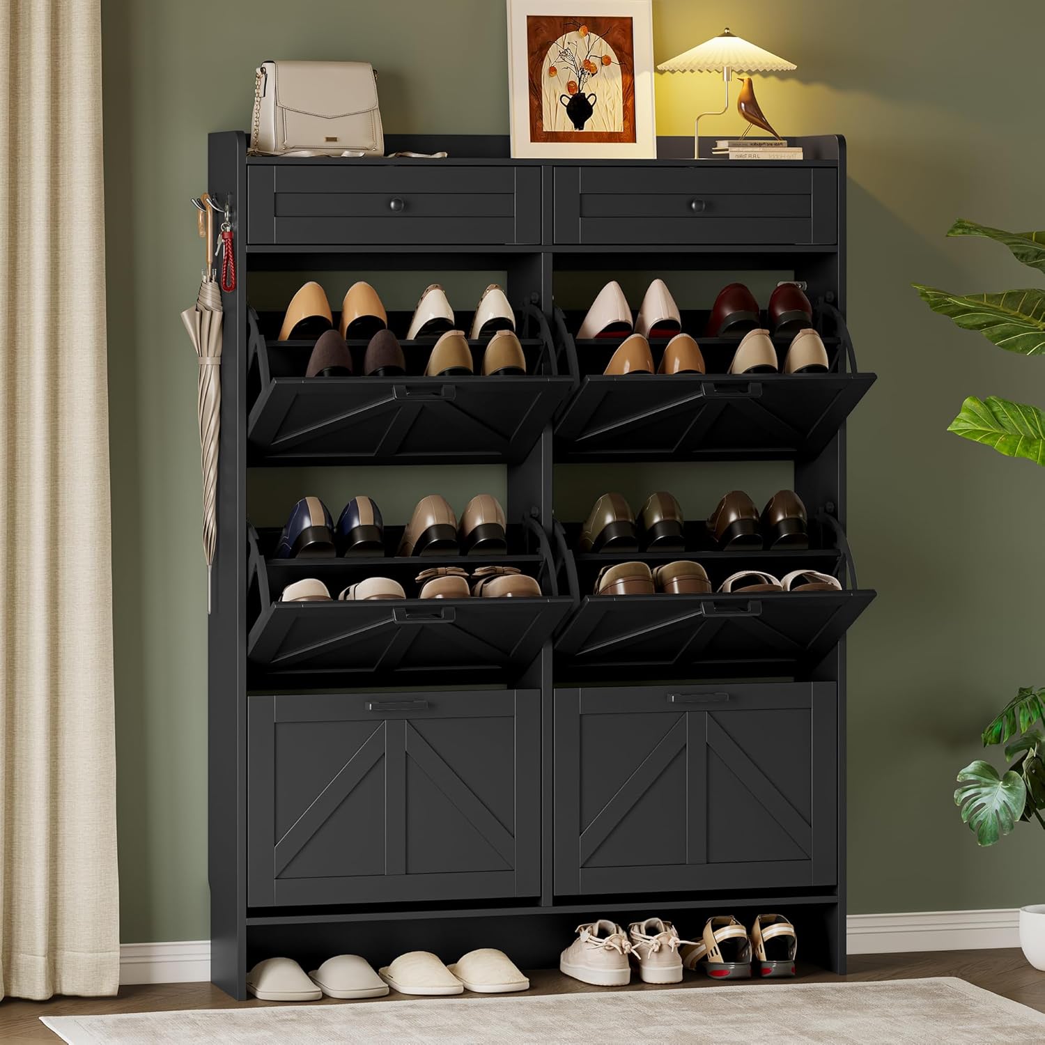 FANRAL Shoe Cabinet with 2 Flip Drawer & 2 Storage Drawer,Farmhouse Narrow Shoe Rack with Adjustable Shelve & Hook for Entryway,Hallway,