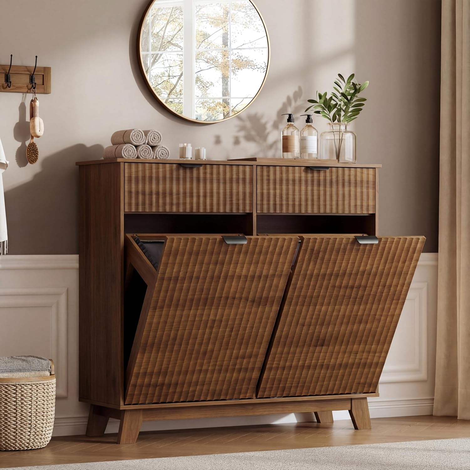 FANRAL Single Tilt Out Laundry Hamper Cabinet,10 Gallon en Hidden Storage Cabinet,Fluted Trash Can for Bathroom Kitchen Living Room, Laundry Basket Cabinet