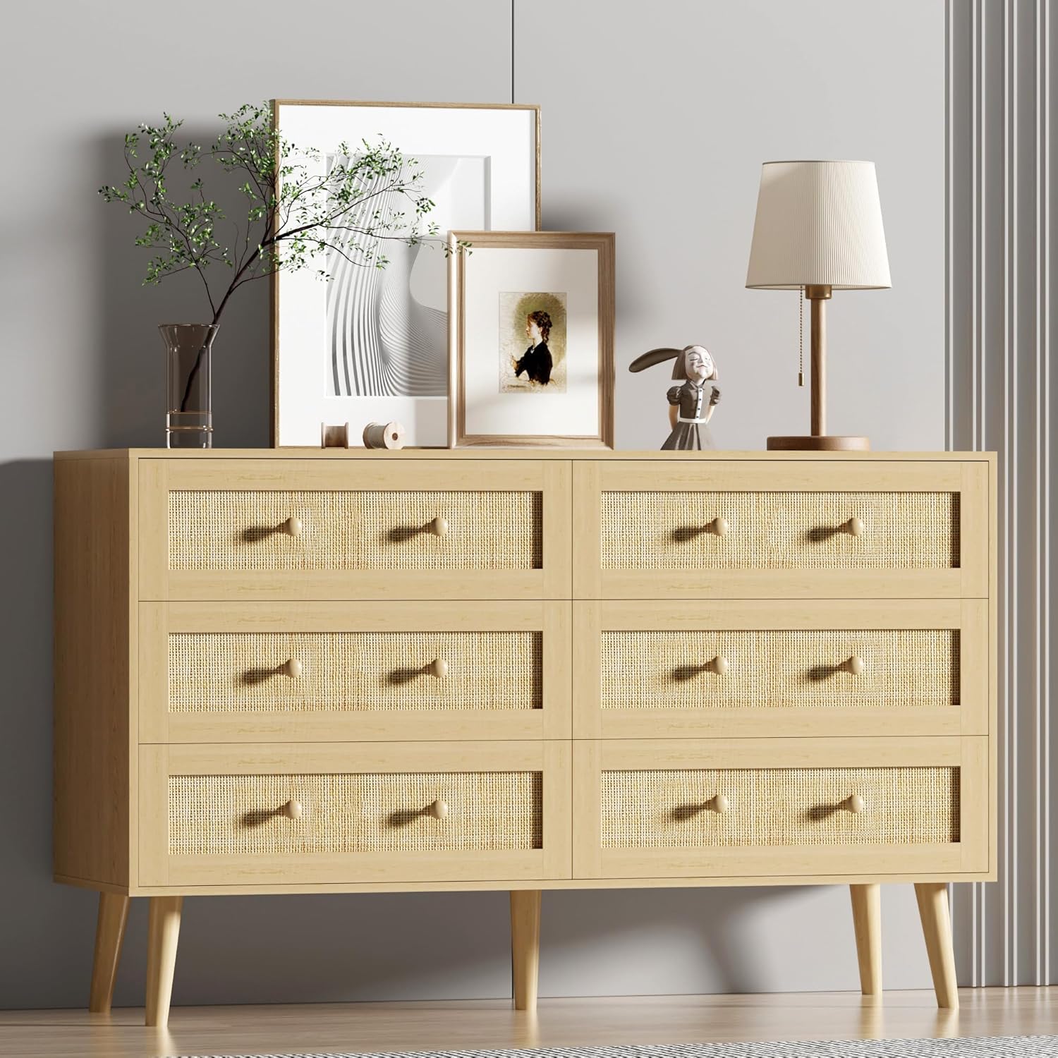 FANRAL 3 Drawers Dresser for Bedroom,Boho Small Natural Rattan Closet Dresser Chest of Drawers,Modern Clothes Storage Organizer with en Feet and Handles for Hallway,Living Room,Entryway