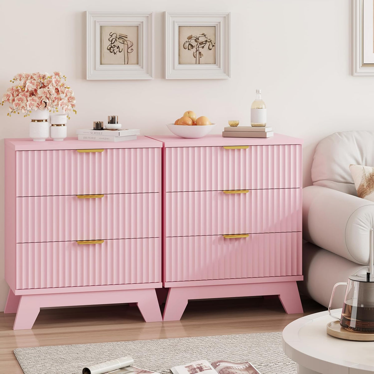 FANRAL 3 Large Drawer Nightstand,30" Tall Night Stand,24" Wide Side Table, Fluted Bedside Table Modern End Table Small Dresser for Bedroom, Nightstand