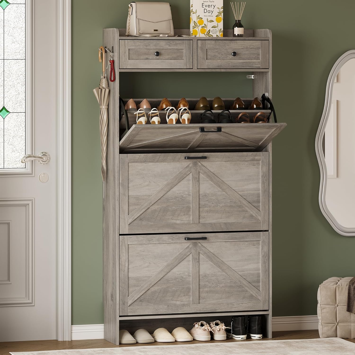 FANRAL Shoe Cabinet with 2 Flip Drawer & 2 Storage Drawer,Farmhouse Narrow Shoe Rack with Adjustable Shelve & Hook for Entryway,Hallway,