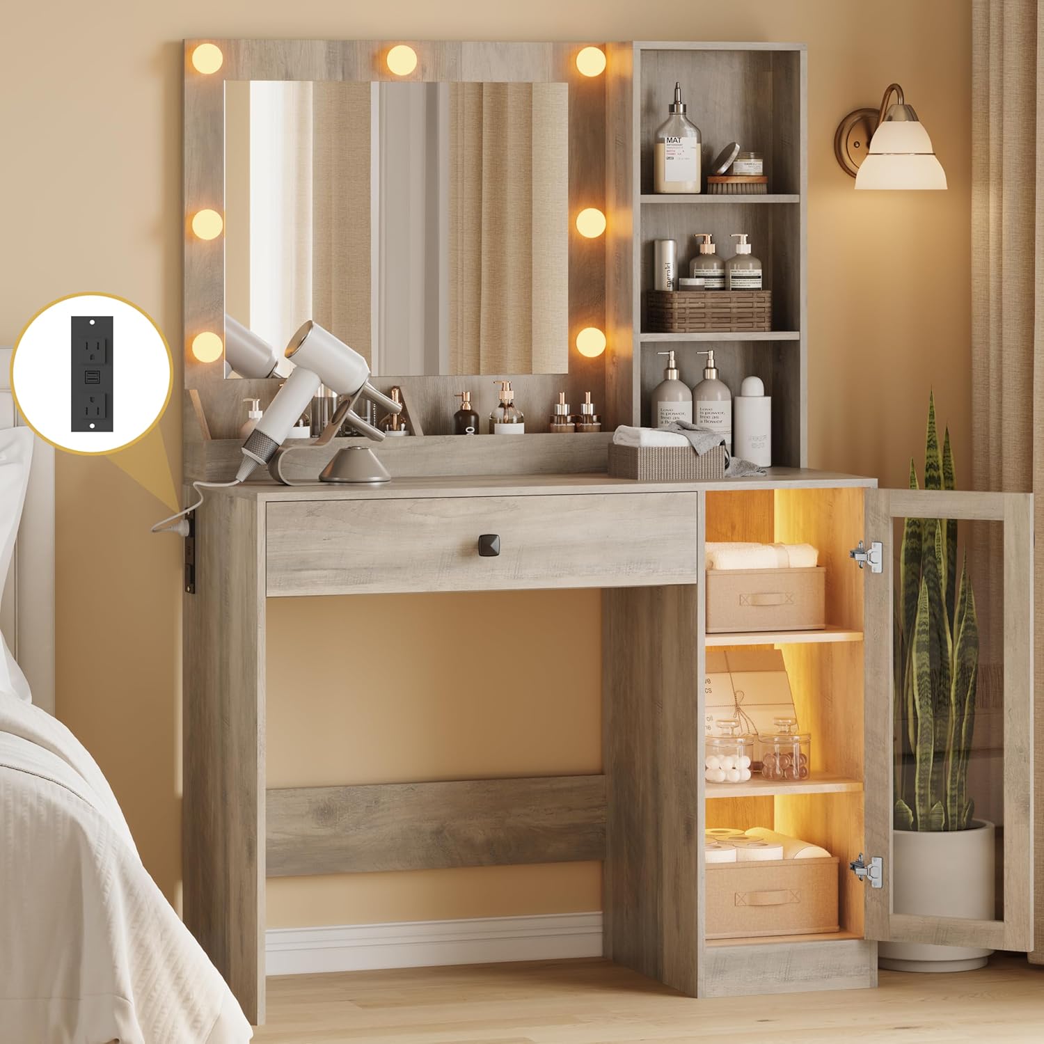 Fanral Makeup Vanity Desk With Mirror And Lights,Glass Top Bedroom Vanity With Jewelry Organizer Cabinet & Charging Station & Hidden Compartment, Vanity