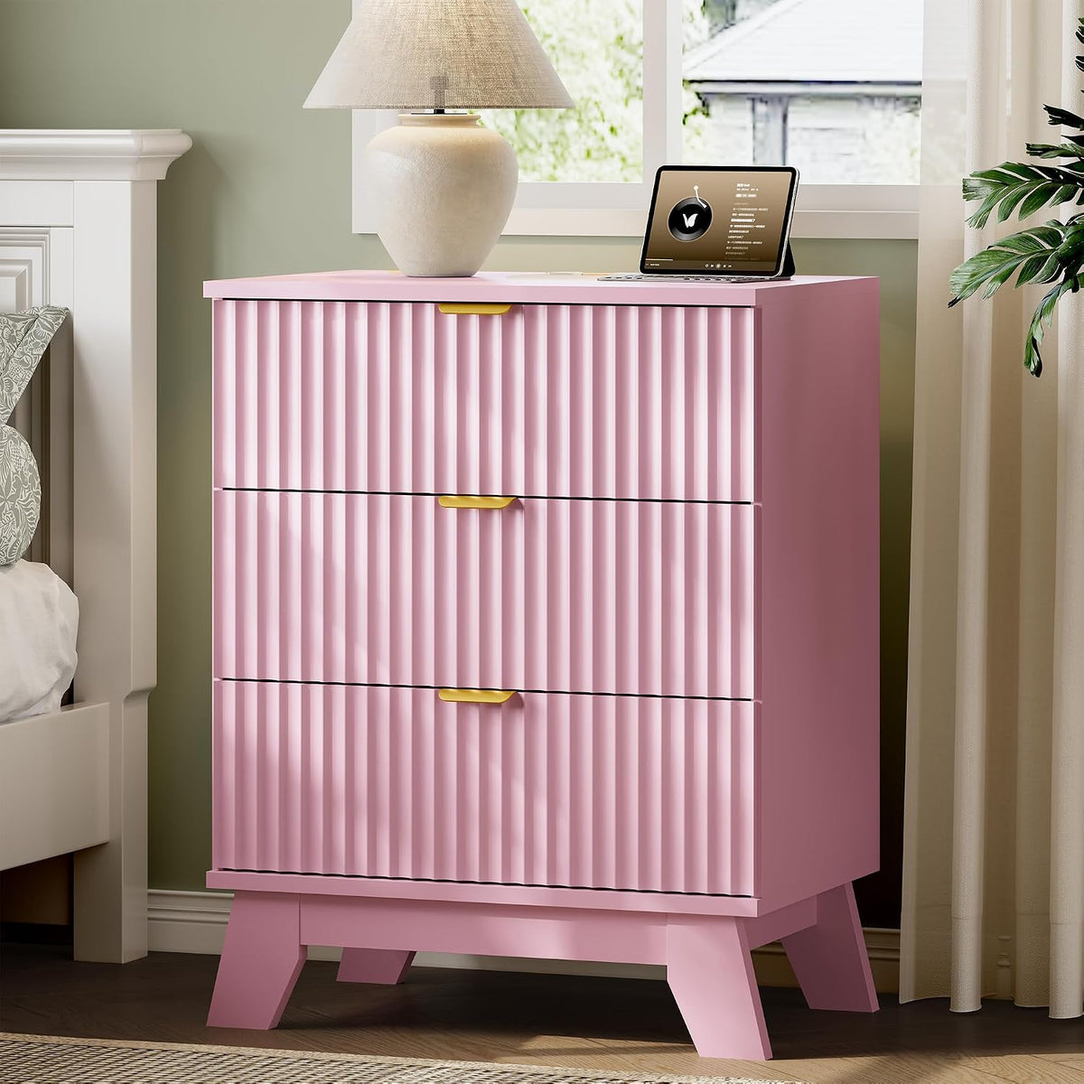 FANRAL 3 Large Drawer Nightstand,30" Tall Night Stand,24" Wide Side Table, Fluted Bedside Table Modern End Table Small Dresser for Bedroom, Nightstand