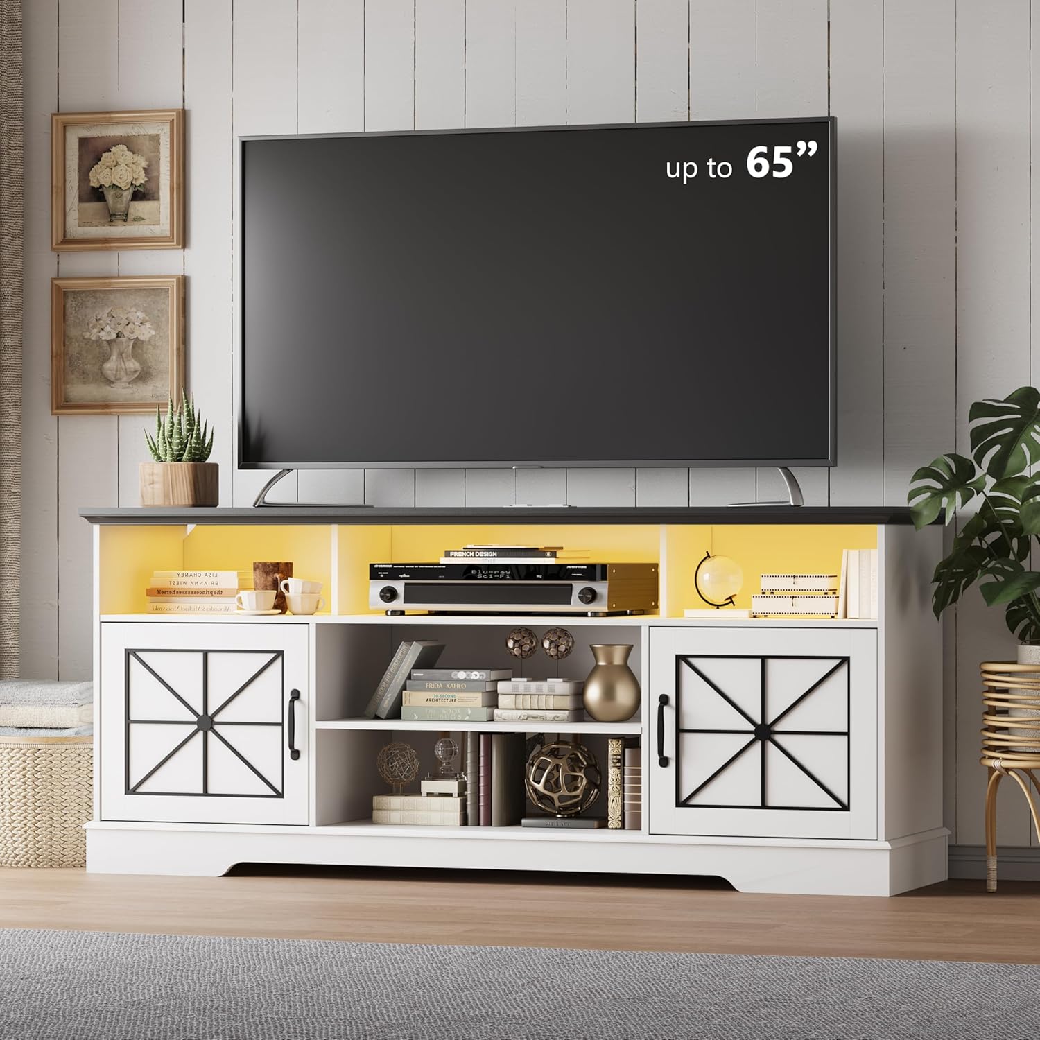 FANRAL Farmhouse TV Stand with Sliding Barn Doors,Rustic Entertainment Center for 65 Inch TV,Media Console with Storage Cabinets & Cable Holes for Living Room, TV Stand