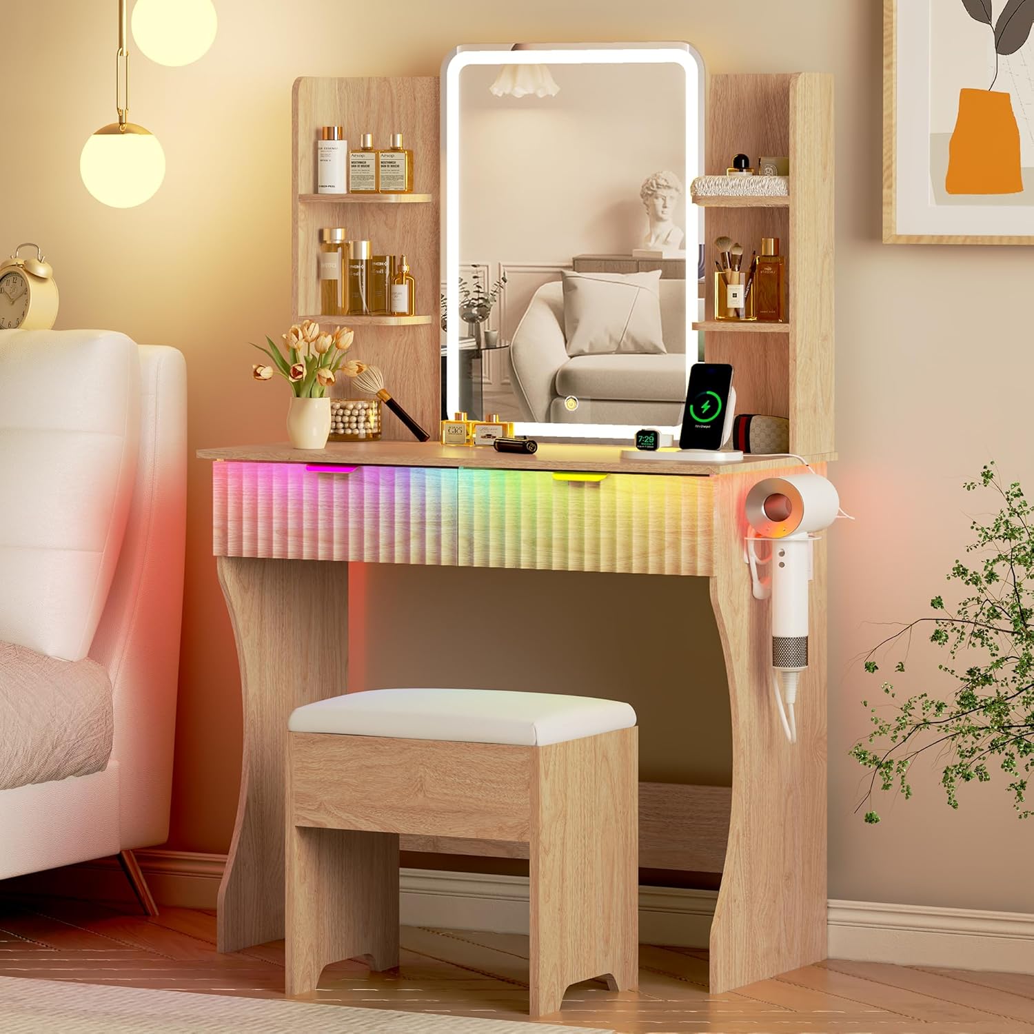 FANRAL 55" Oversized Fluted Vanity Desk with Lighted Mirror,RGB Cabinet Lighting & Tempered Glass Top,Built-in Charging Station & Multi-Drawer Storage for Bedroom & Beauty Room, Vanity