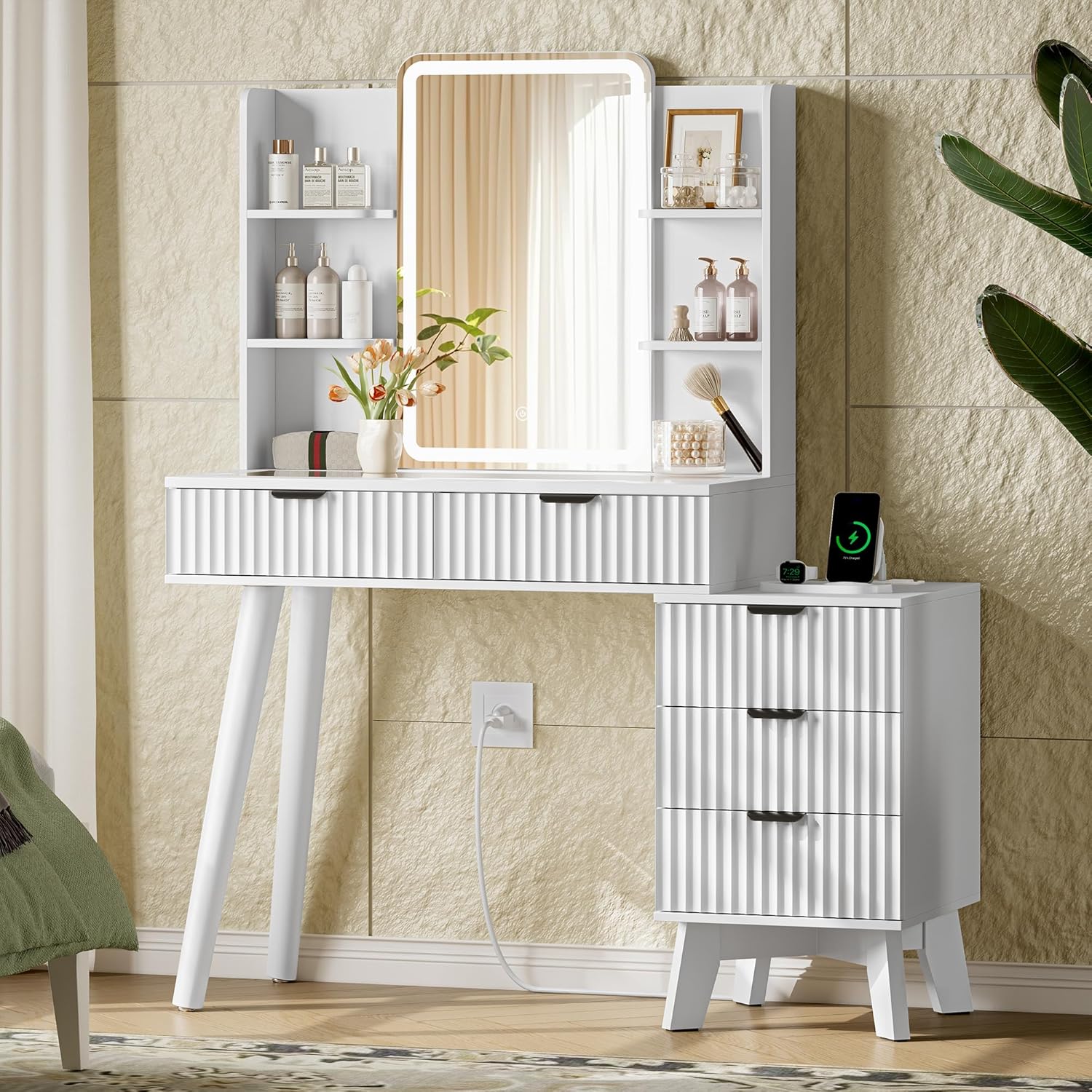 FANRAL LED Lighted Mirror Vanity Desk with Fluted Design,Charging Station & Glass Top,Modern Dressing Table with Storage Drawers & Shelves for Bedroom, Vanity