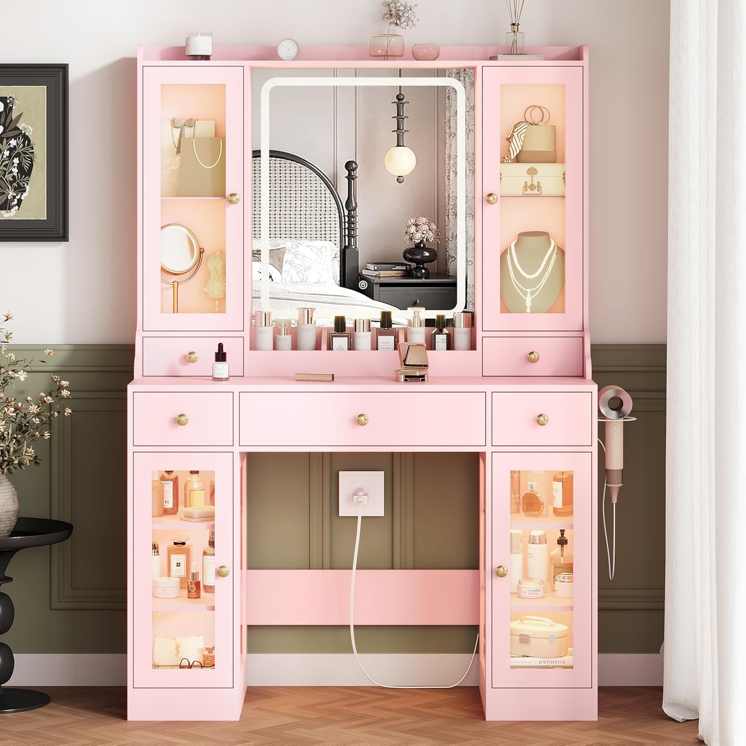 FANRAL 47" Large Makeup Vanity Desk with Mirror and Lights,Vanity Table with Power Outlet & RGB Glass Cabinet, Vanity
