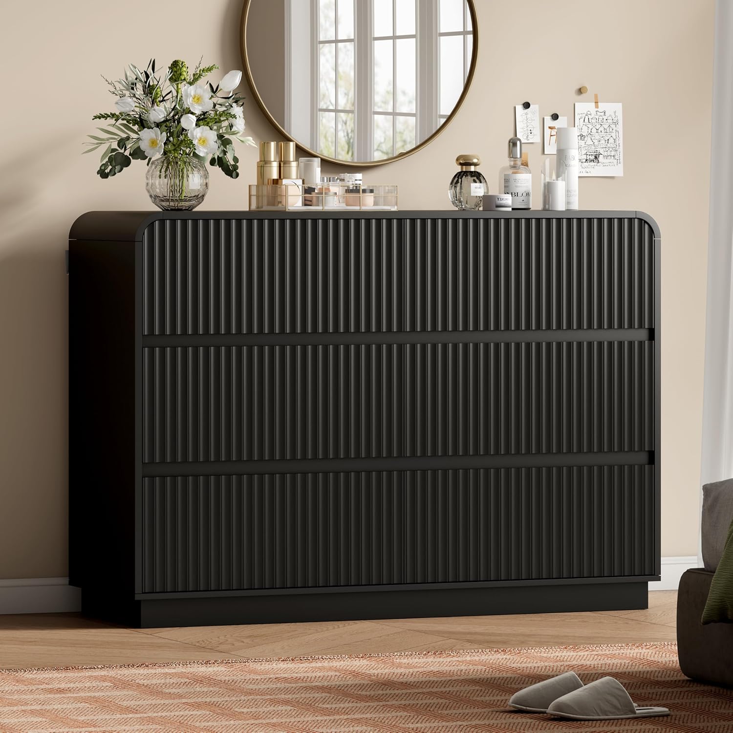 FANRAL 6 Drawer Wide Dresser with LED Lights,Modern Fluted Chest of Drawers with Floating LED Base, Dresser for Bedroom