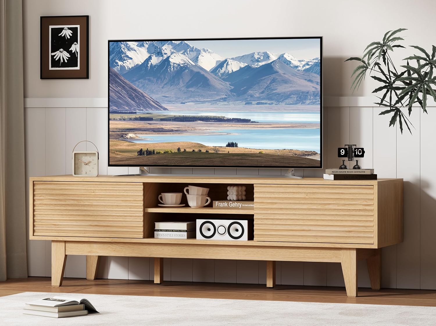 FANRAL Boho Farmhouse TV Stand for 65 Inch TV,Rattan Entertainment Center with Sliding Doors,Media Console with Adjustable Shelves & Cord Holes for Living Room, TV Stand