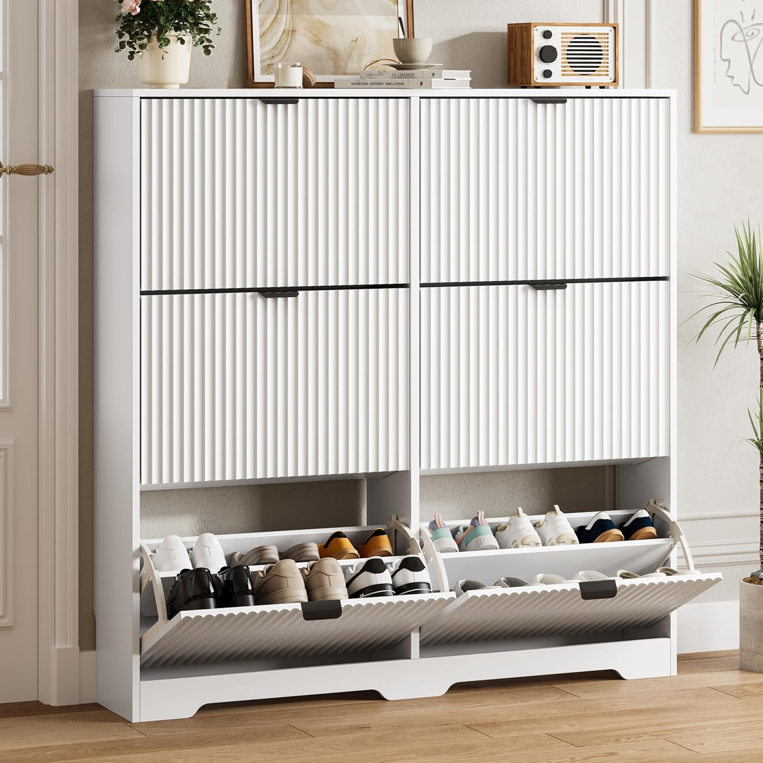 FANRAL Shoe Cabinet with 2 Flip Drawers & Open Storage,Fluted Shoe Storage Cabinet Rack Organizer with Adjustable Shelves for Entryway,Closet,Hallway,