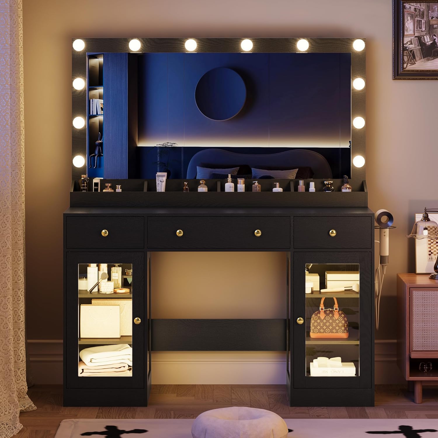 FANRAL 47" Large Makeup Vanity Desk with Mirror and Lights,Vanity Table with Power Outlet & RGB Glass Cabinet, Vanity