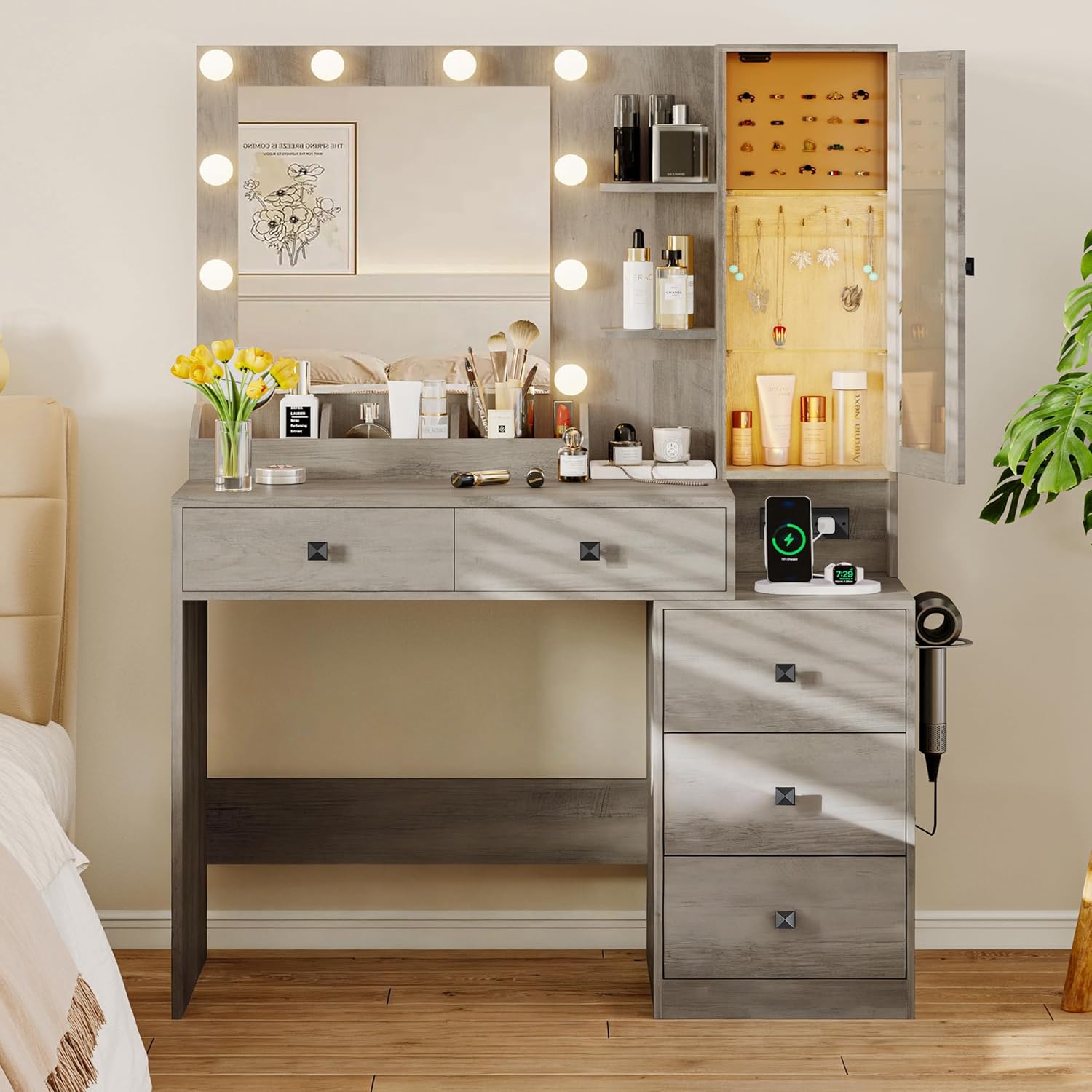 FANRAL Vanity Set with Mirror and Lights,Makeup Vanity Desk with Drawers & Chair & Jewelry Storage Cabinet, Vanity