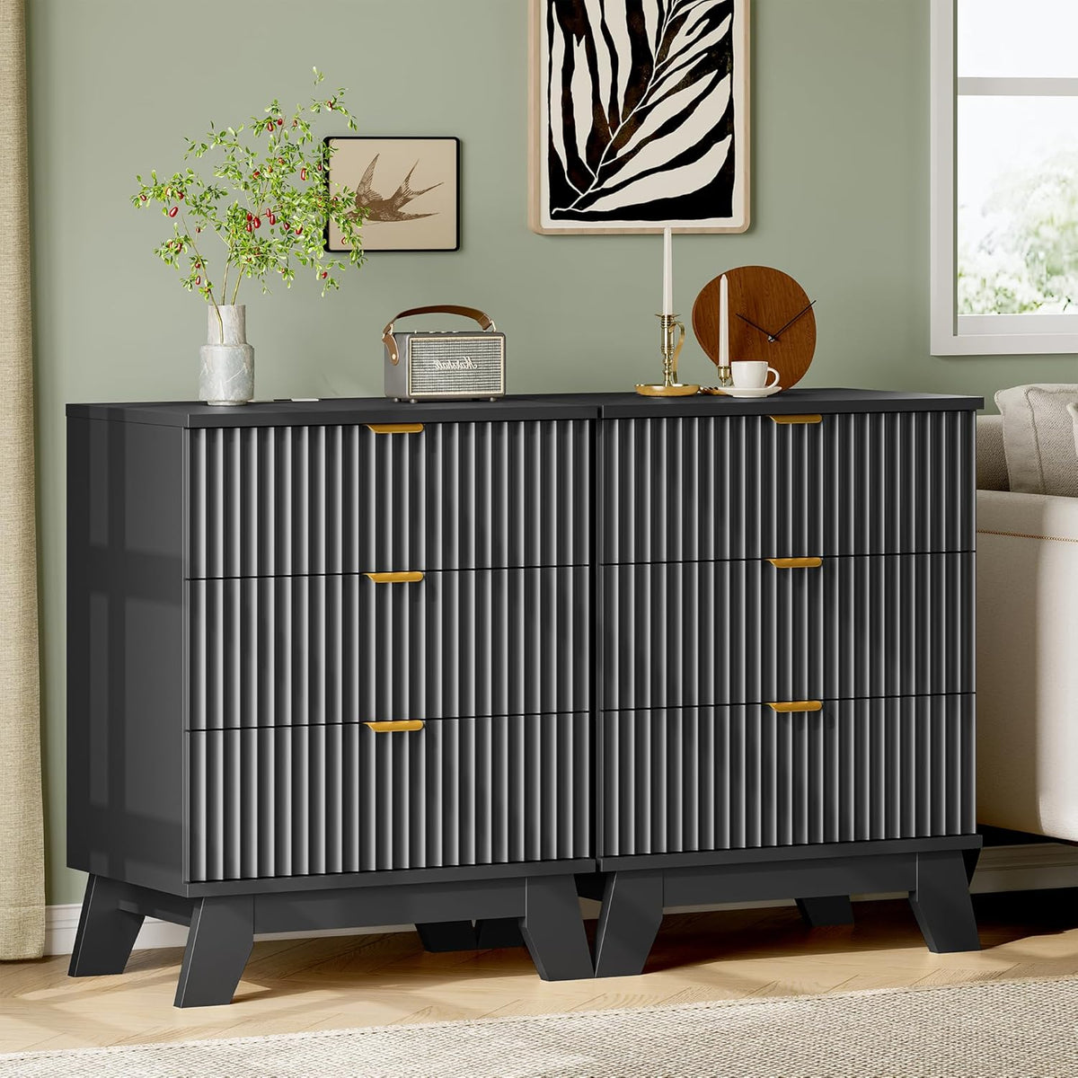 FANRAL 3 Large Drawer Nightstand,30" Tall Night Stand,24" Wide Side Table, Fluted Bedside Table Modern End Table Small Dresser for Bedroom, Nightstand