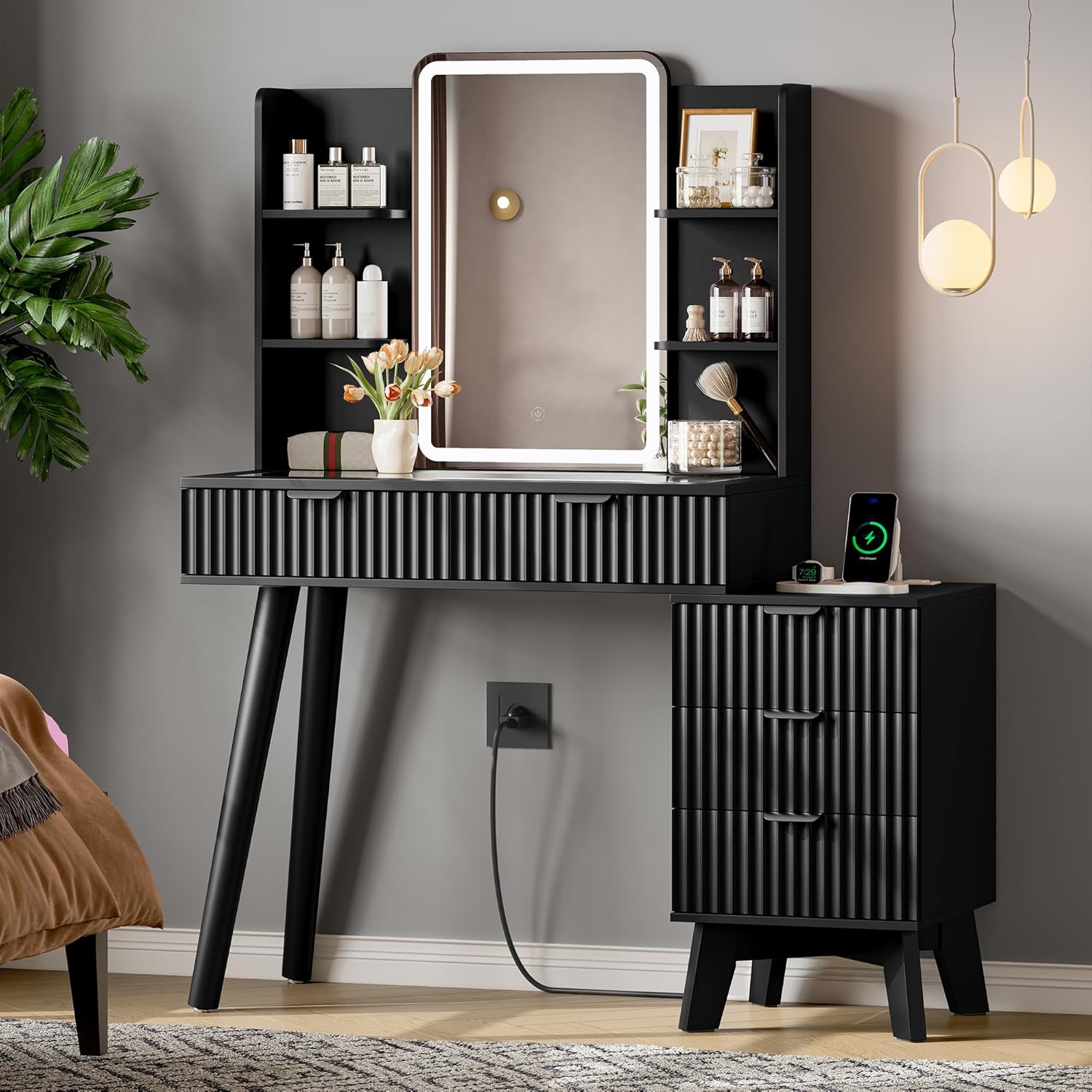 FANRAL LED Lighted Mirror Vanity Desk with Fluted Design,Charging Station & Glass Top,Modern Dressing Table with Storage Drawers & Shelves for Bedroom, Vanity