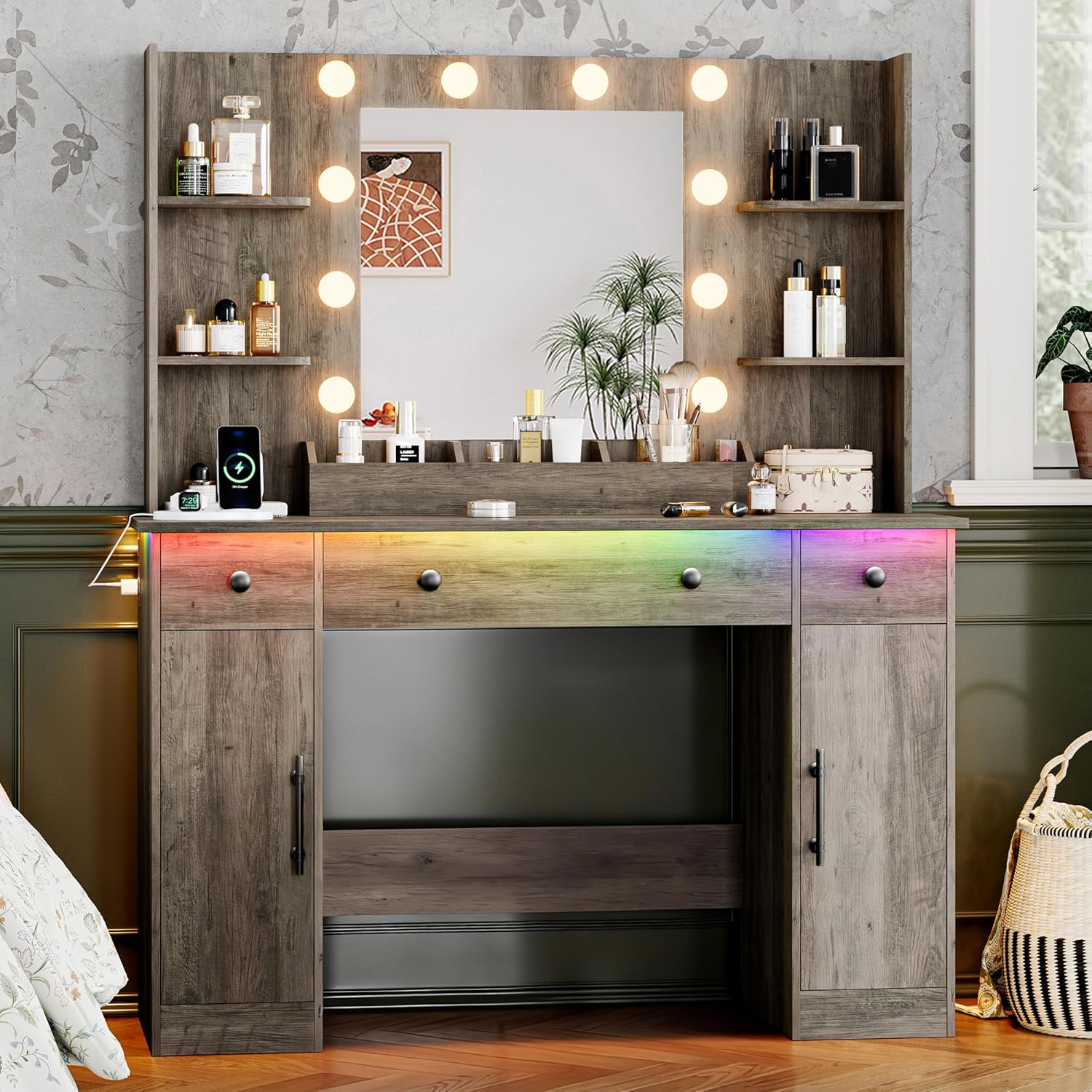 FANRAL 43'' Vanity Desk with 10 Lights & Under-Table RGB Strip,Built-in Power Outlets,Cushioned Stool & Large Storage,Dressing Table for Bedroom Bathroom Grooming, Vanity
