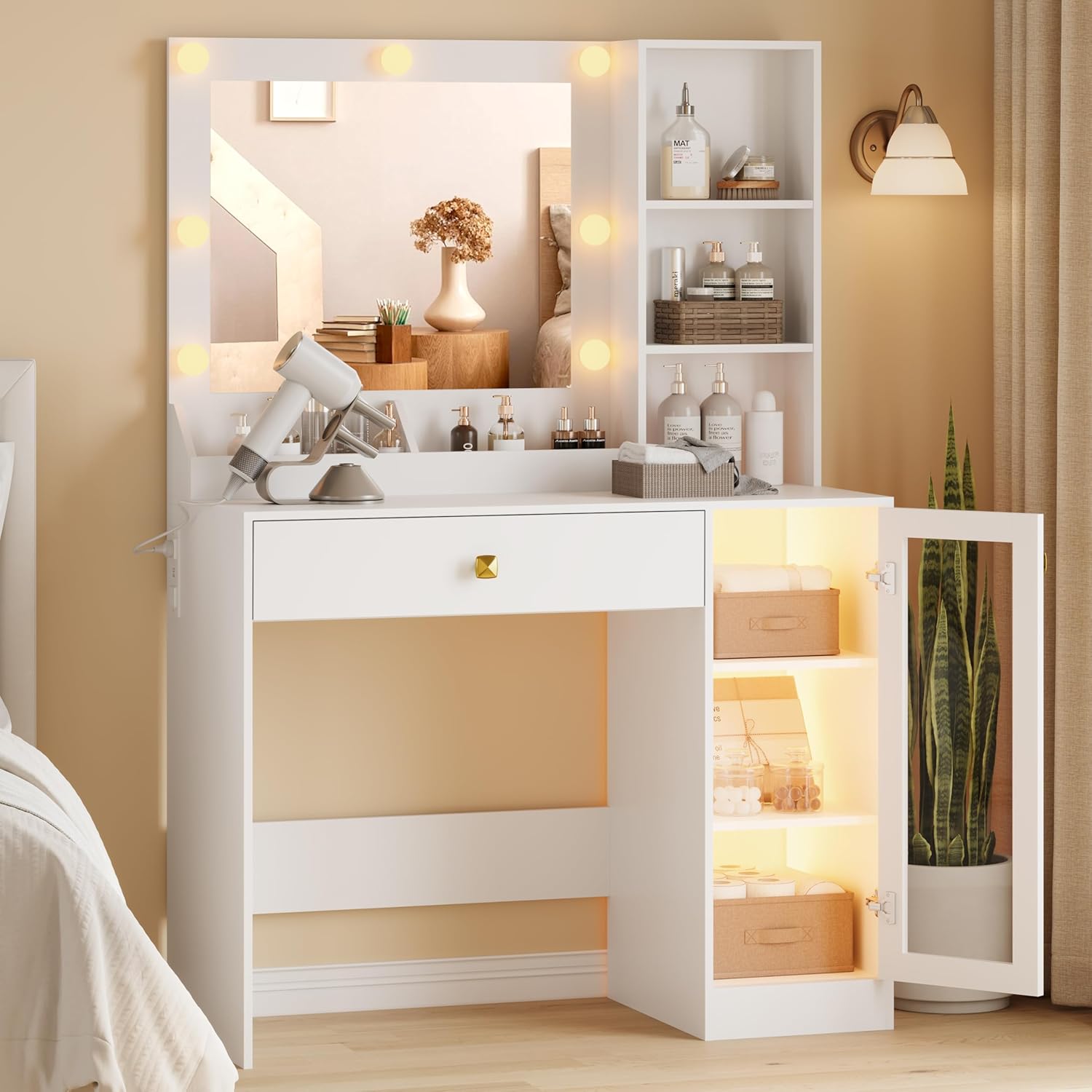 Fanral Makeup Vanity Desk With Mirror And Lights,Glass Top Bedroom Vanity With Jewelry Organizer Cabinet & Charging Station & Hidden Compartment, Vanity
