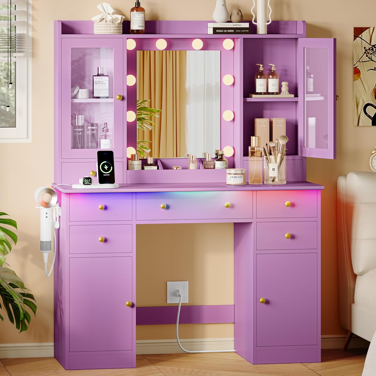 FANRAL 43.7" Vanity Desk with 10 Mirror Lights & Under-Table RGB,Charging Station & Hair Dryer Holder,Multi-Storage Dressing Table for Bedroom Bathroom, Vanity