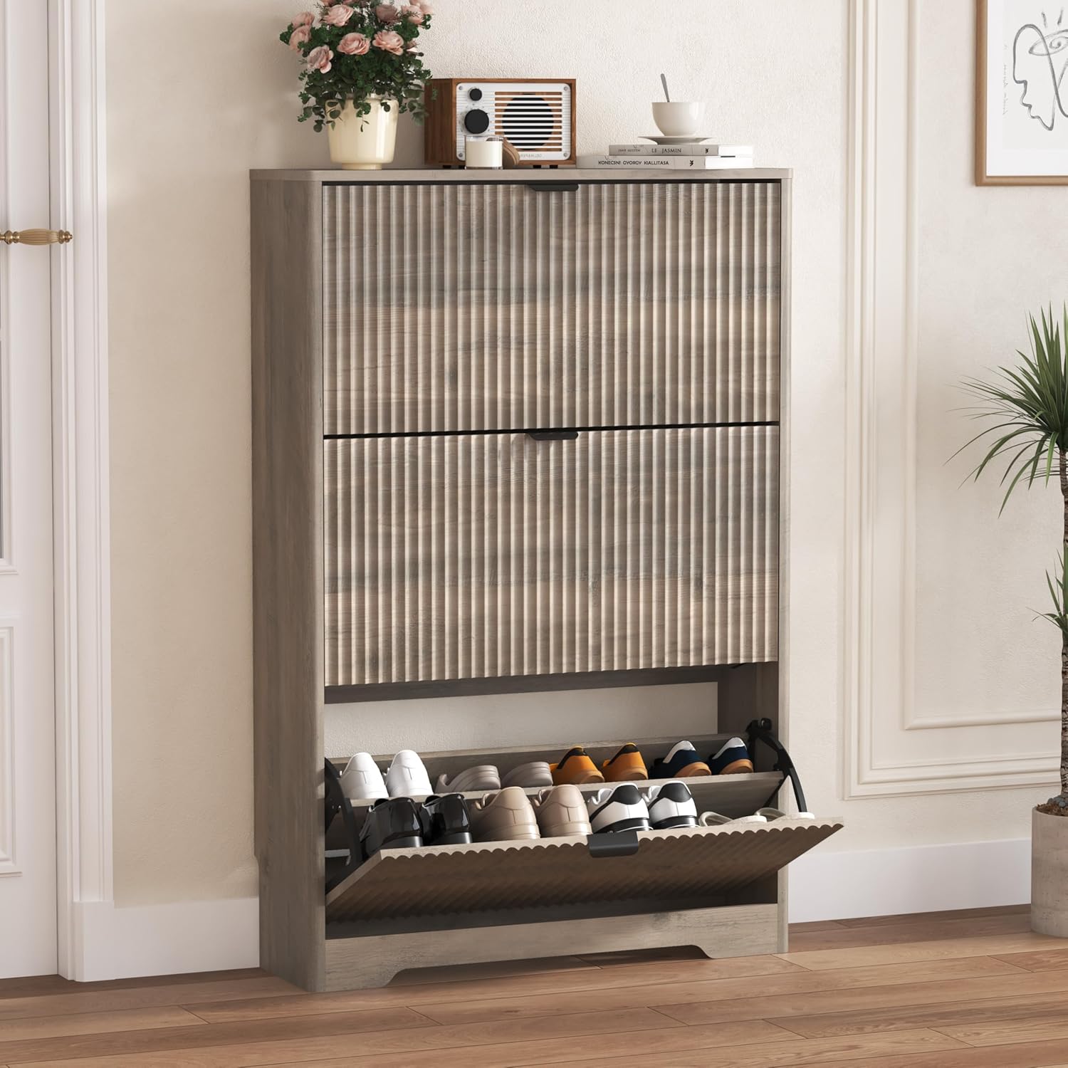 FANRAL Shoe Cabinet with 2 Flip Drawers & Open Storage,Fluted Shoe Storage Cabinet Rack Organizer with Adjustable Shelves for Entryway,Closet,Hallway,